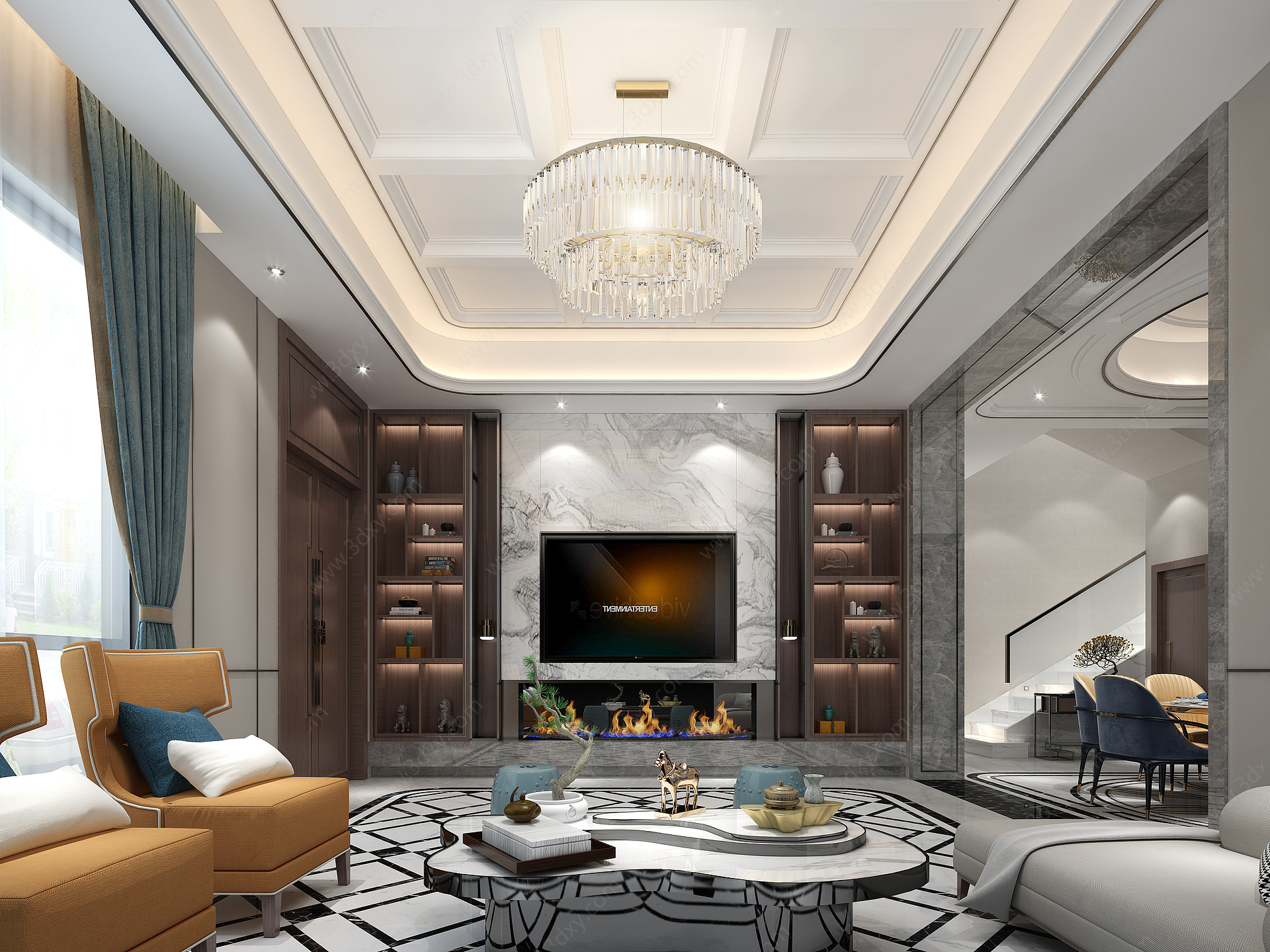 新中式轻奢客厅背景墙3D模型