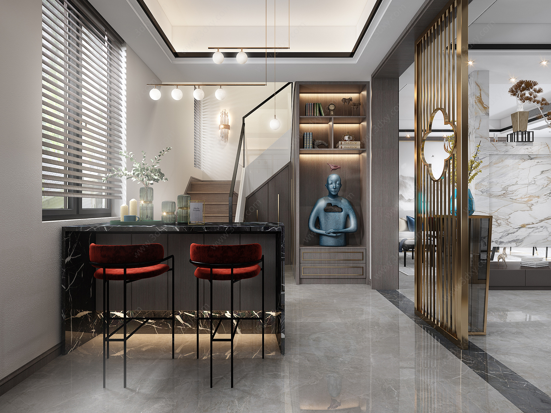 新中式楼梯间餐厅3D模型