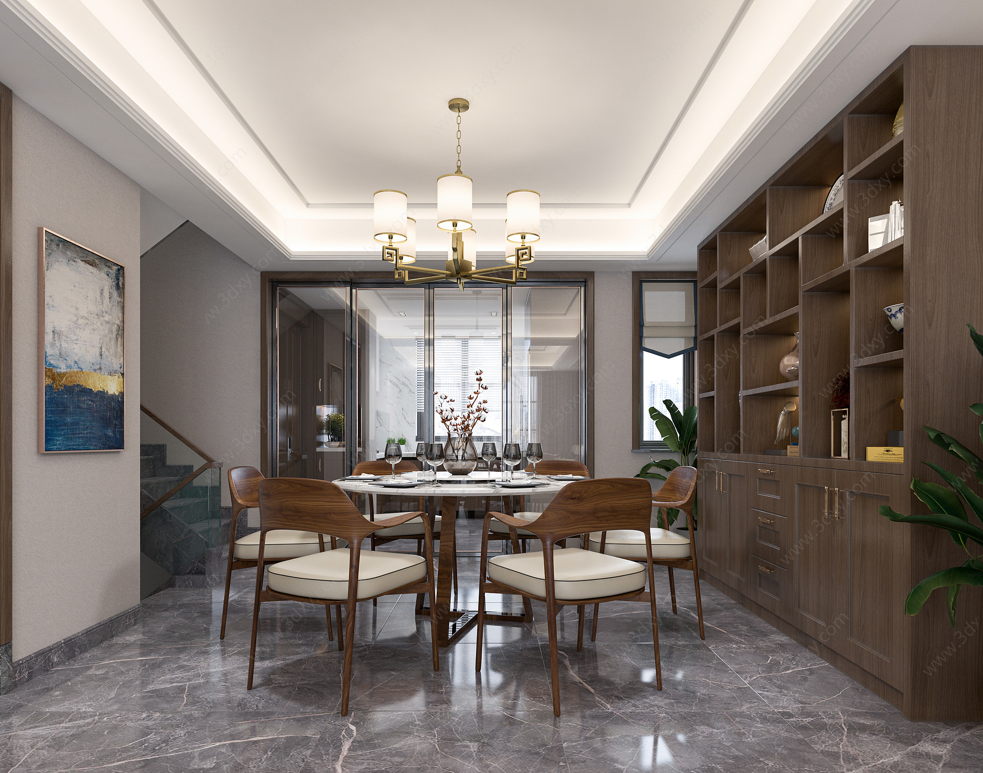 新中式客餐厅厨房带楼梯3D模型