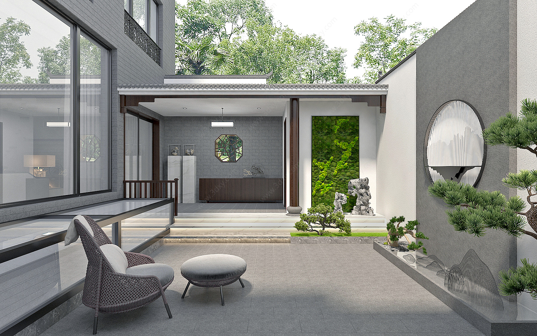 新中式别墅庭院3D模型