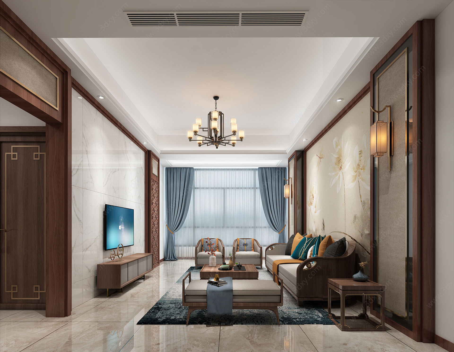 新中式客厅沙发电视柜3D模型