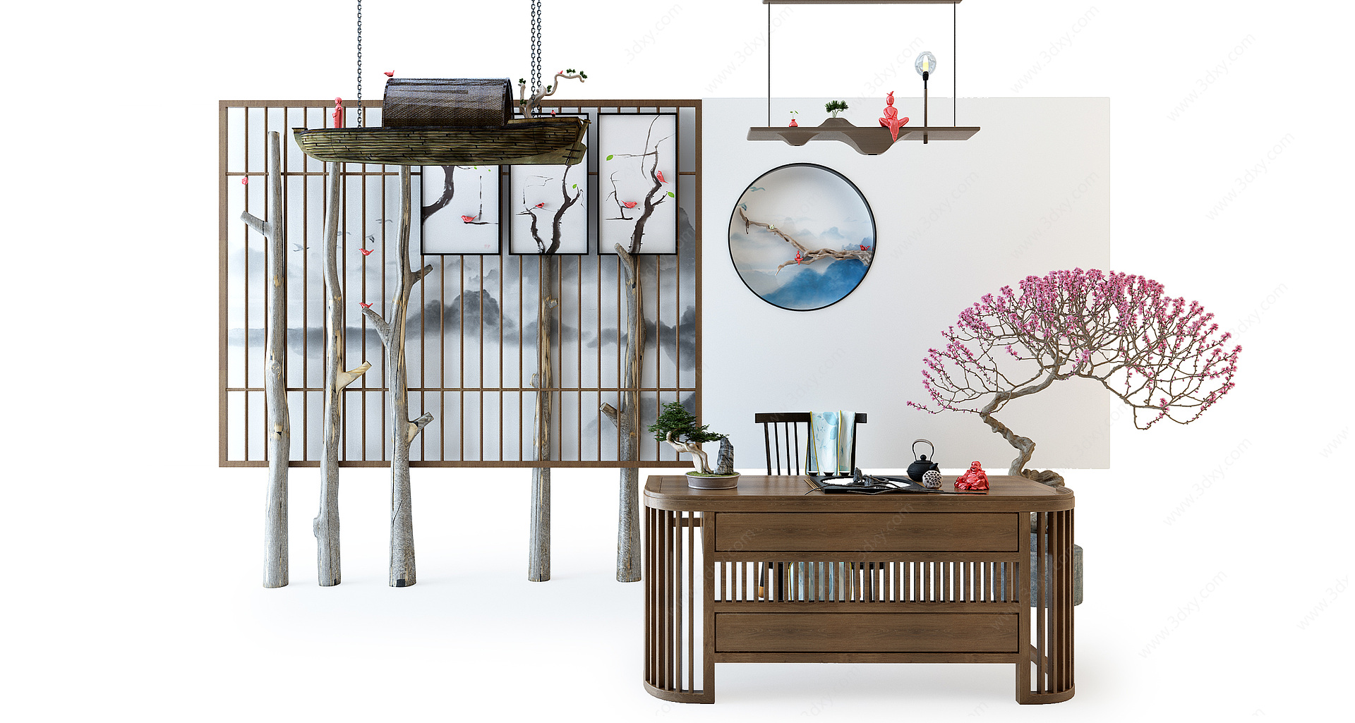 中式茶台单椅木船吊灯组合3D模型