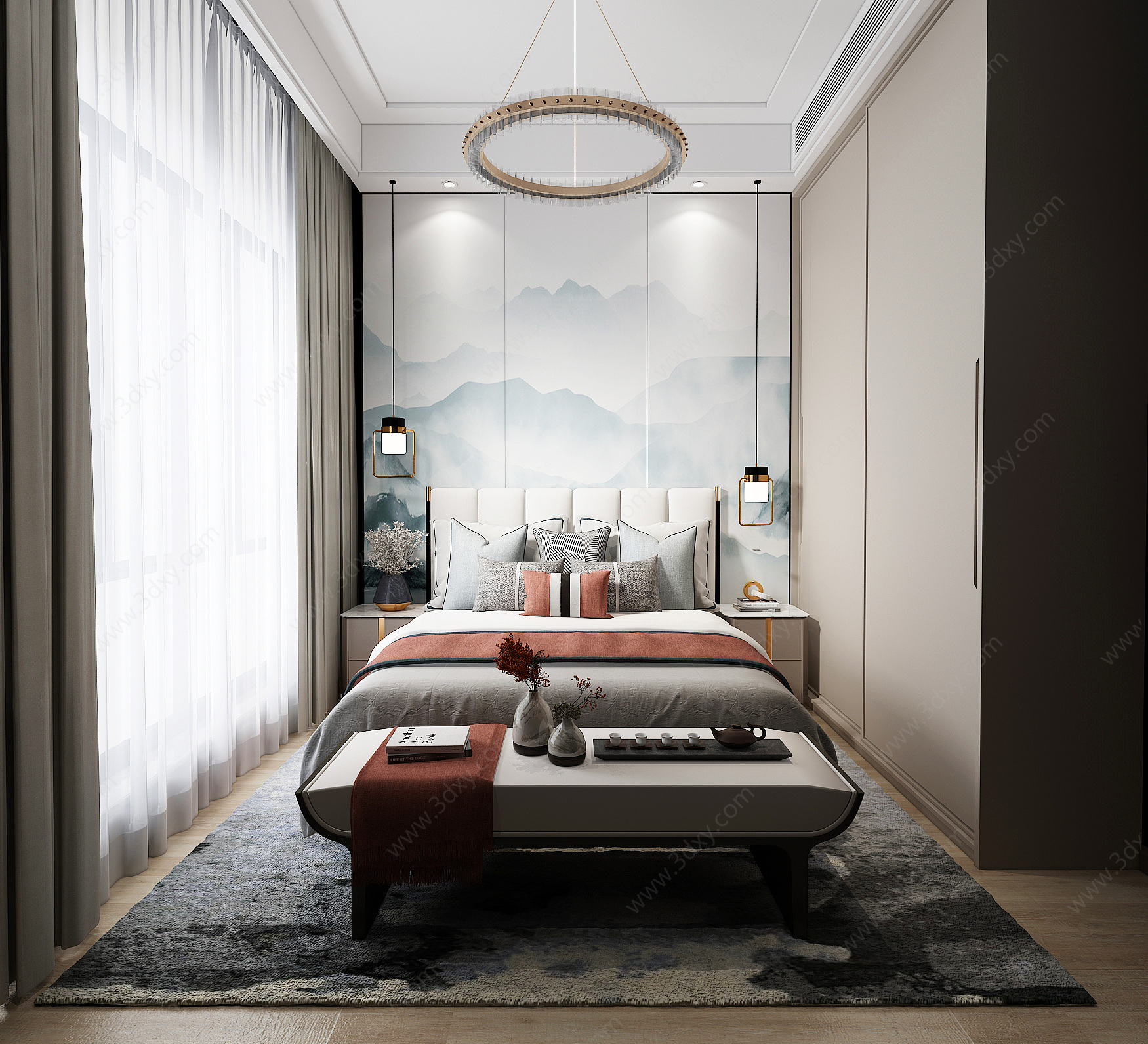 新中式卧室吊灯壁画3D模型