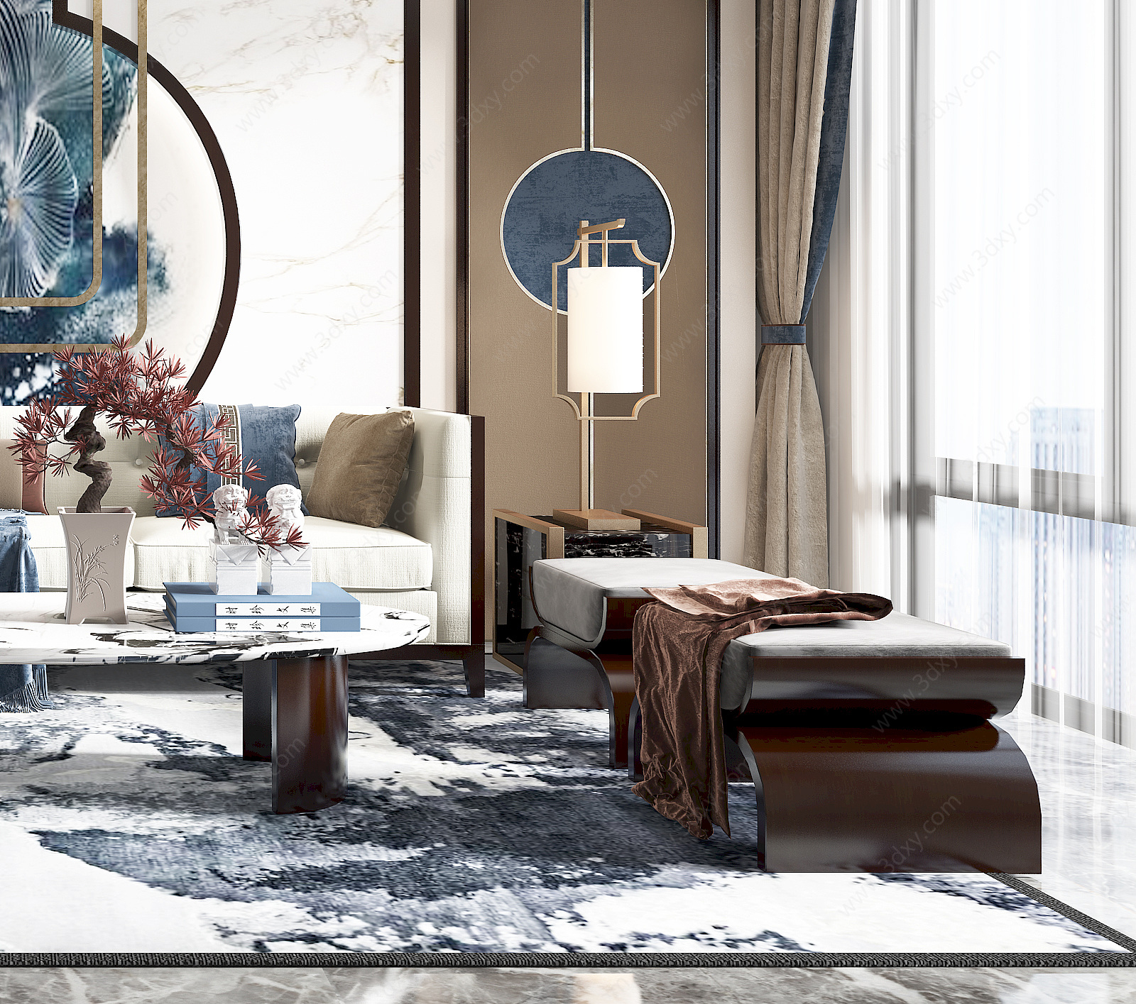 新中式客厅沙发茶几3D模型