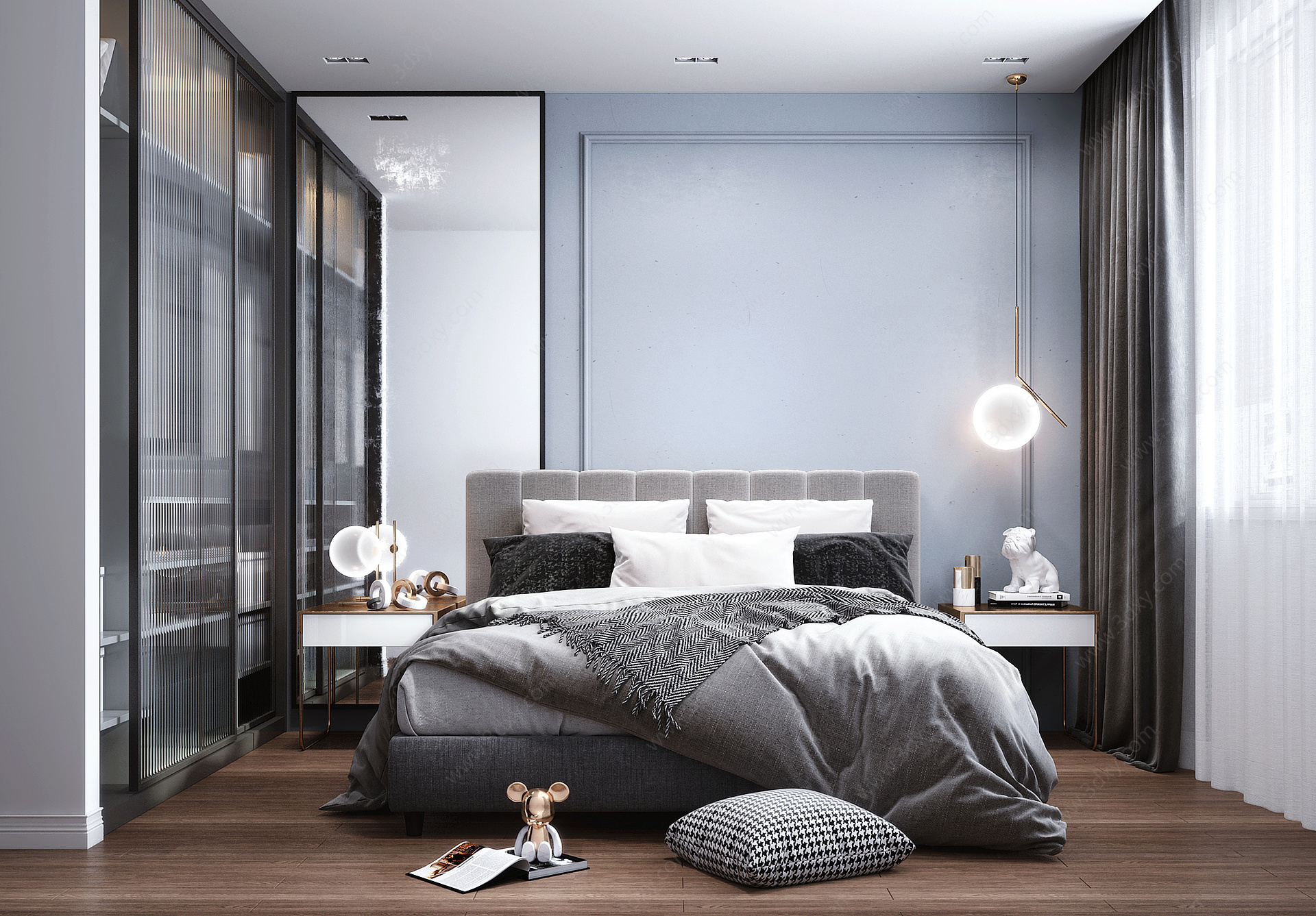北欧风格卧室双人床衣柜3D模型