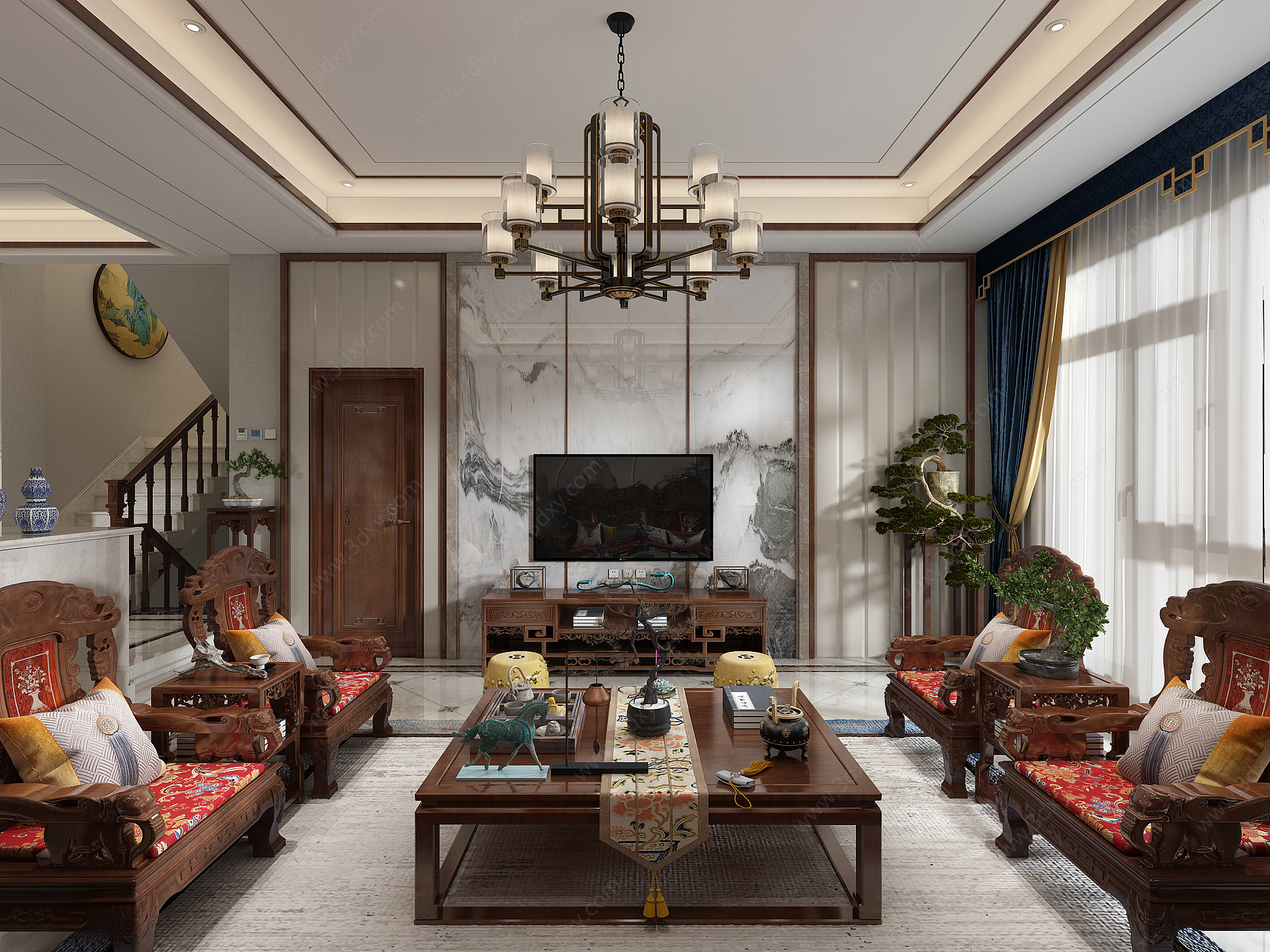 中式客厅实木沙发3D模型