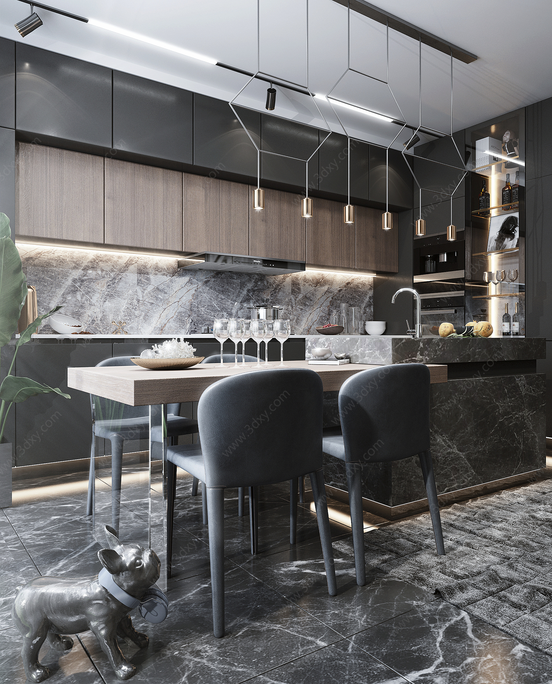 现代风格开放式厨房餐厅3D模型