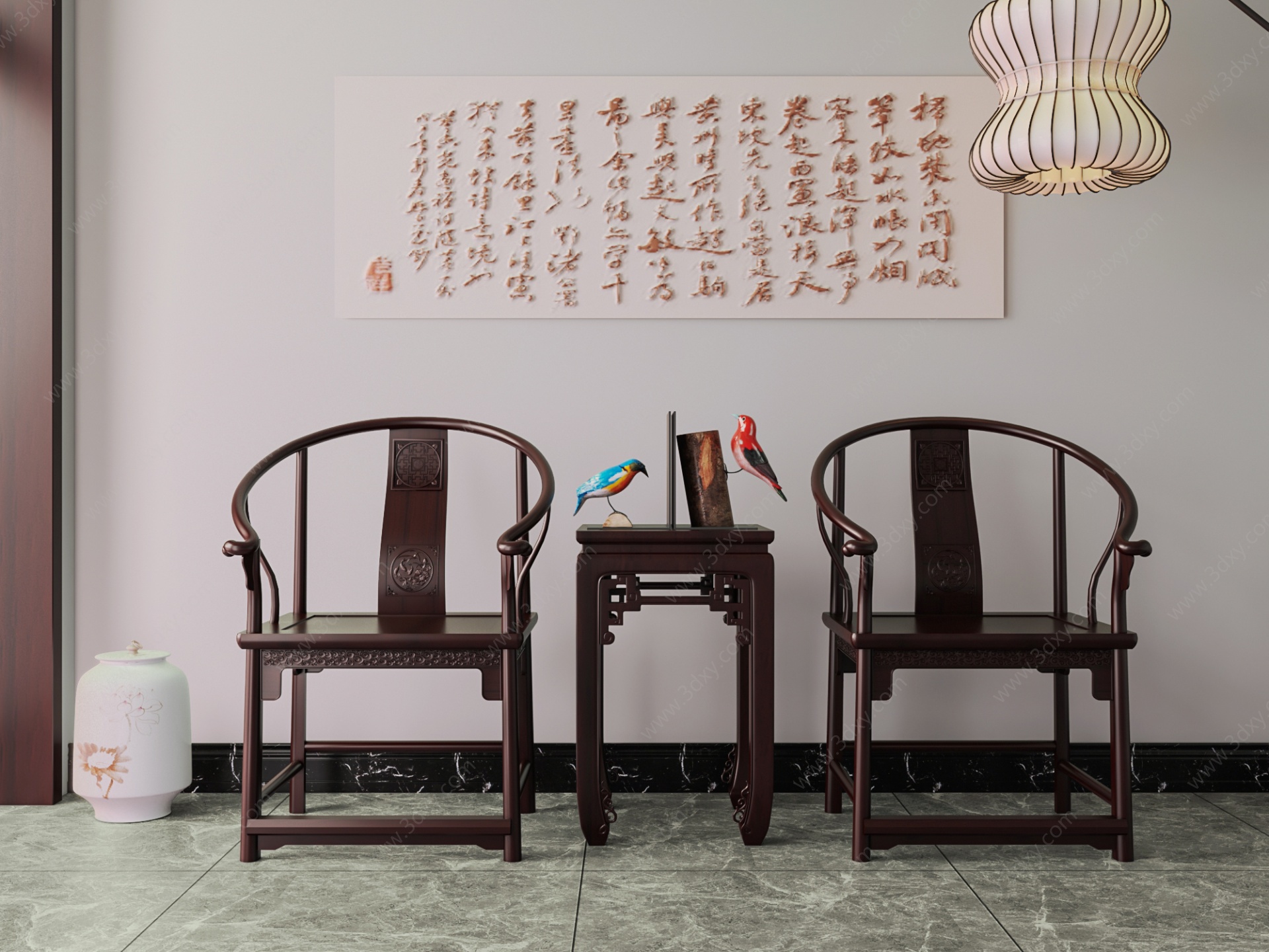 新中式圈椅红木单椅茶几3D模型
