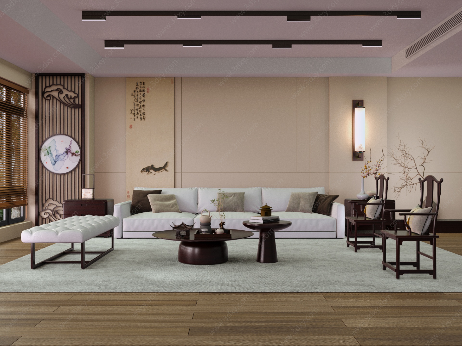 新中式客厅红木沙发茶几3D模型