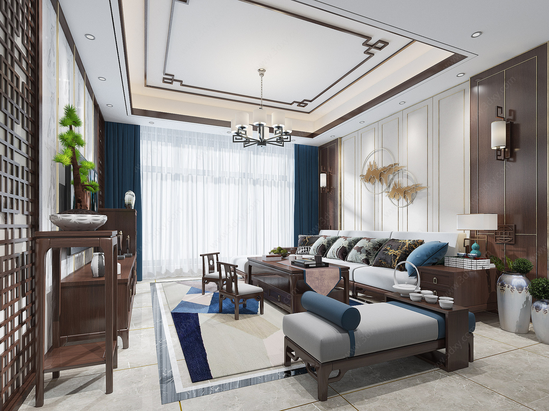 新中式客厅家具L型沙发3D模型