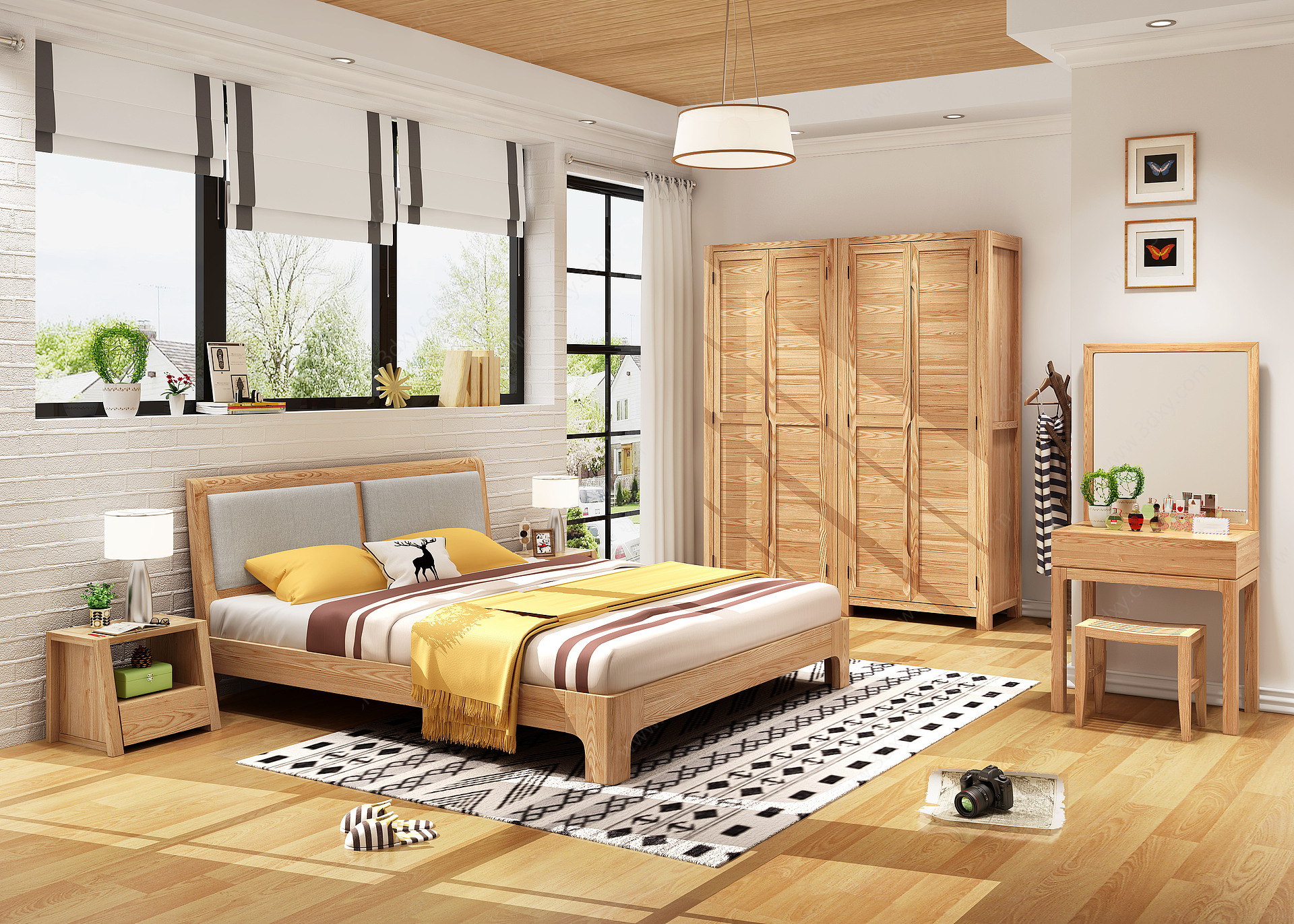 北欧卧室实木床3D模型