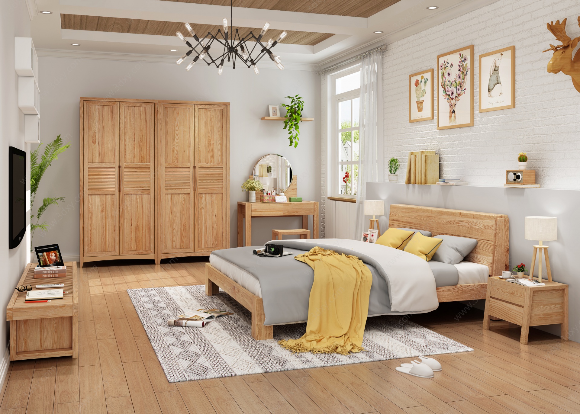 北欧卧室实木床3D模型