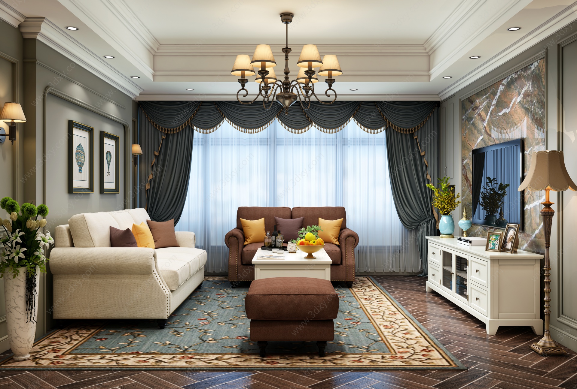 美式客厅多人沙发3D模型