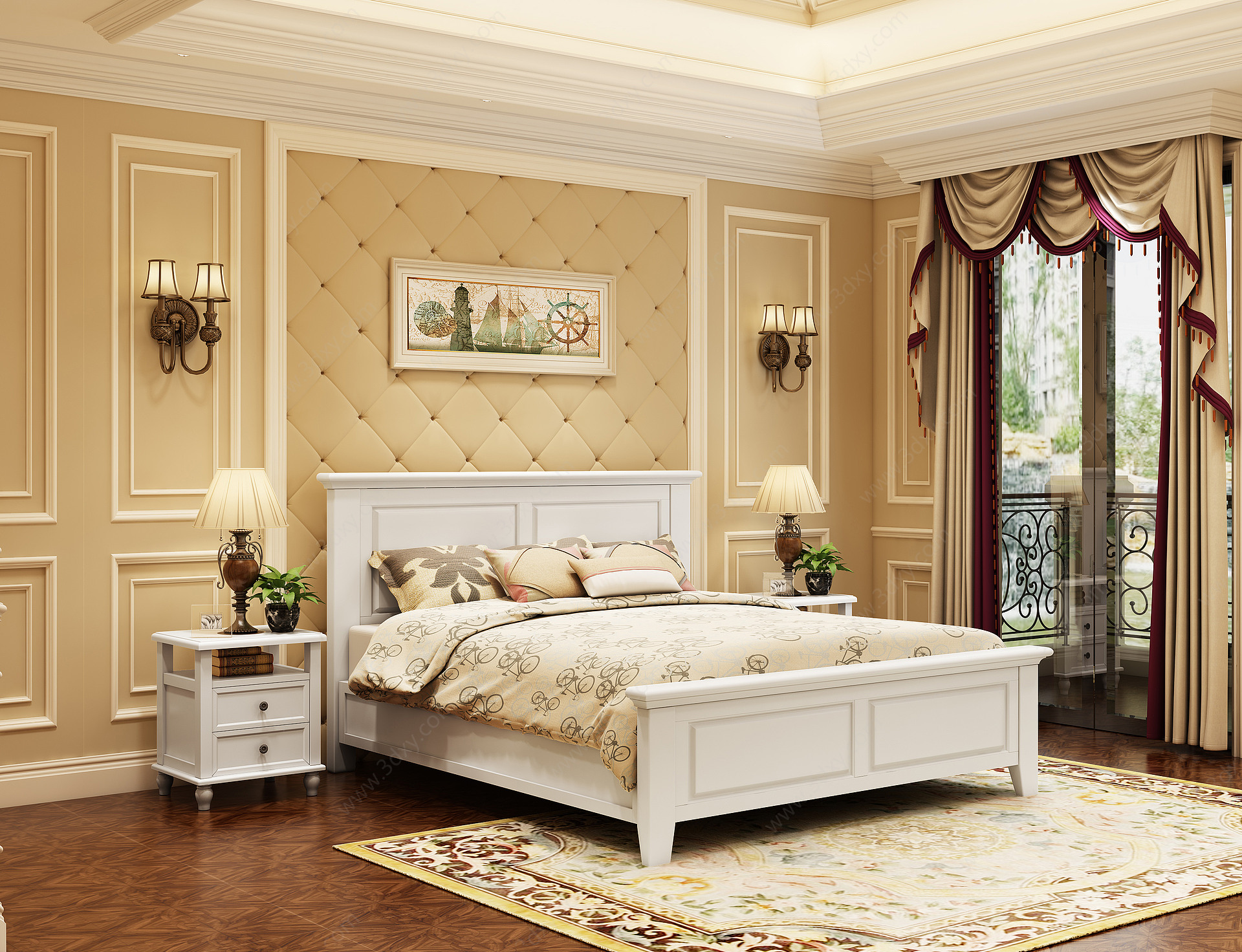 美式卧室白色床3D模型