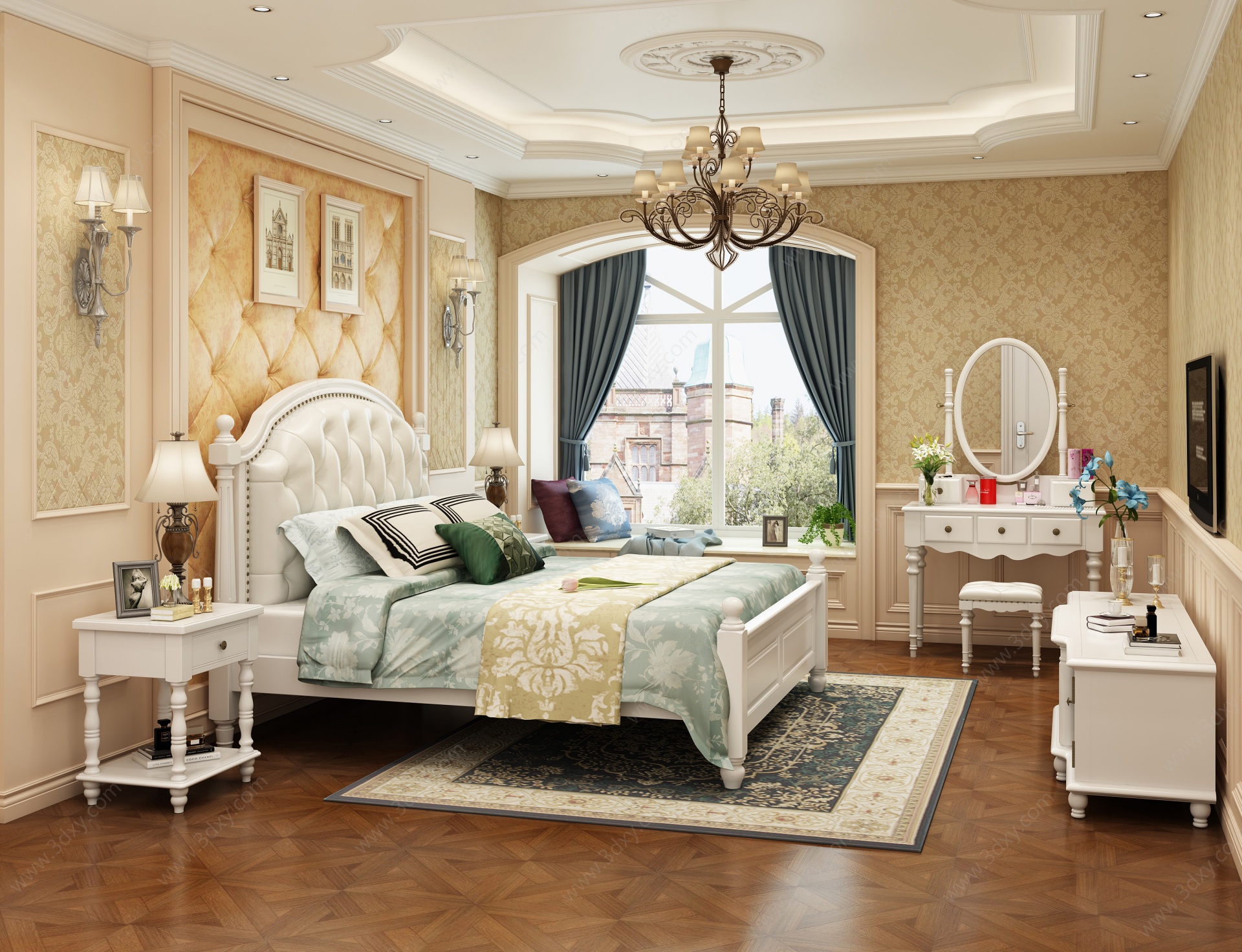 美式卧室白色床3D模型