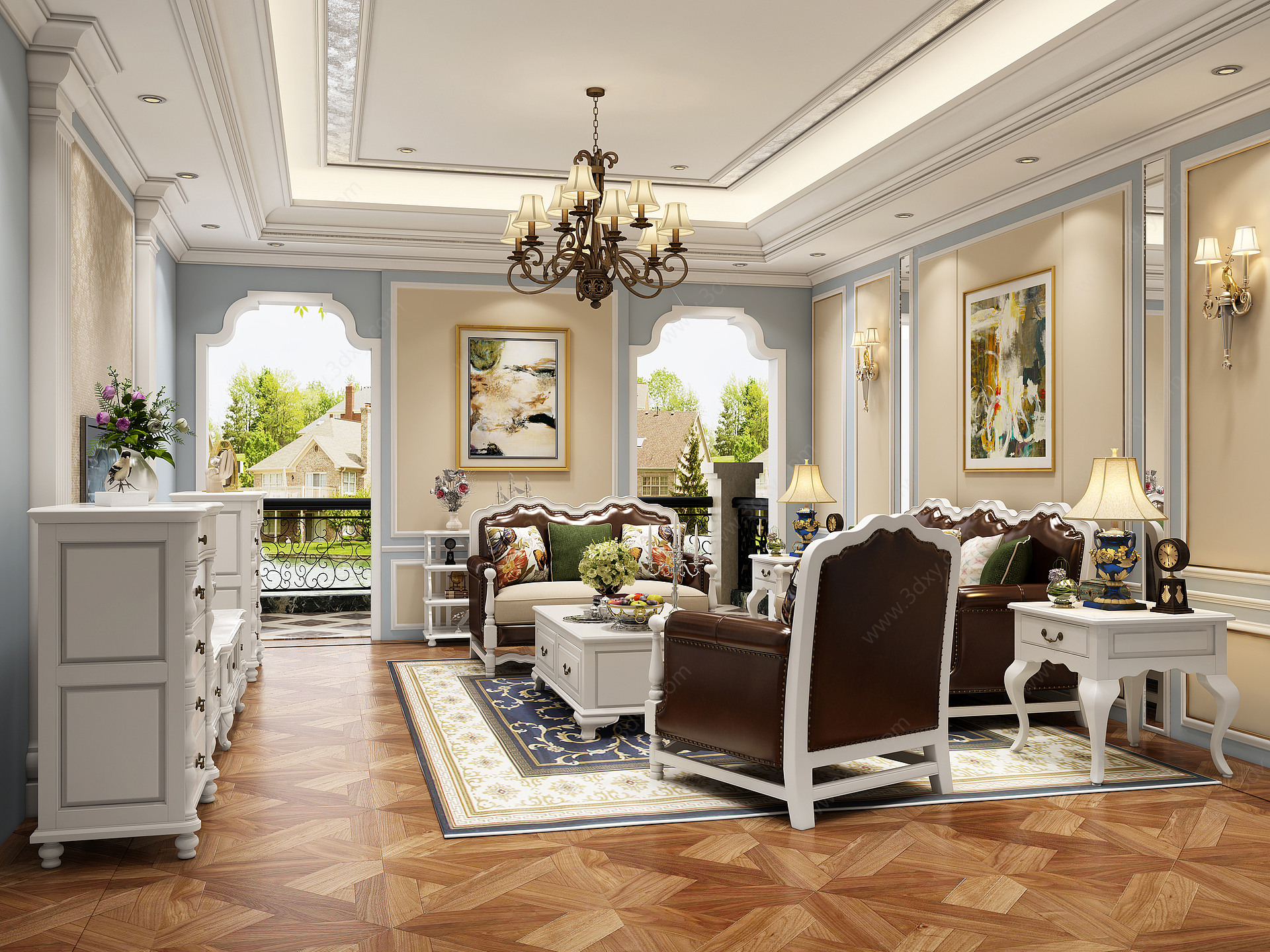 美式客厅多人沙发茶几3D模型