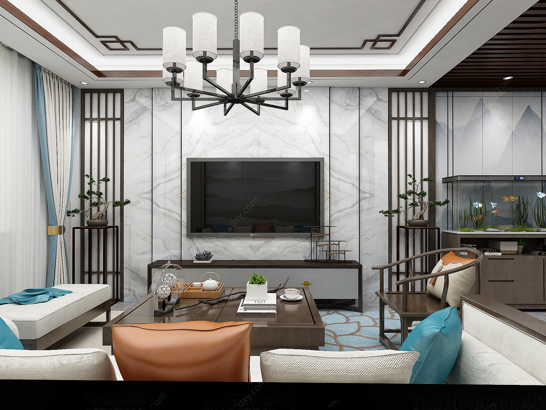 新中式客厅餐厅玄关卧室3D模型