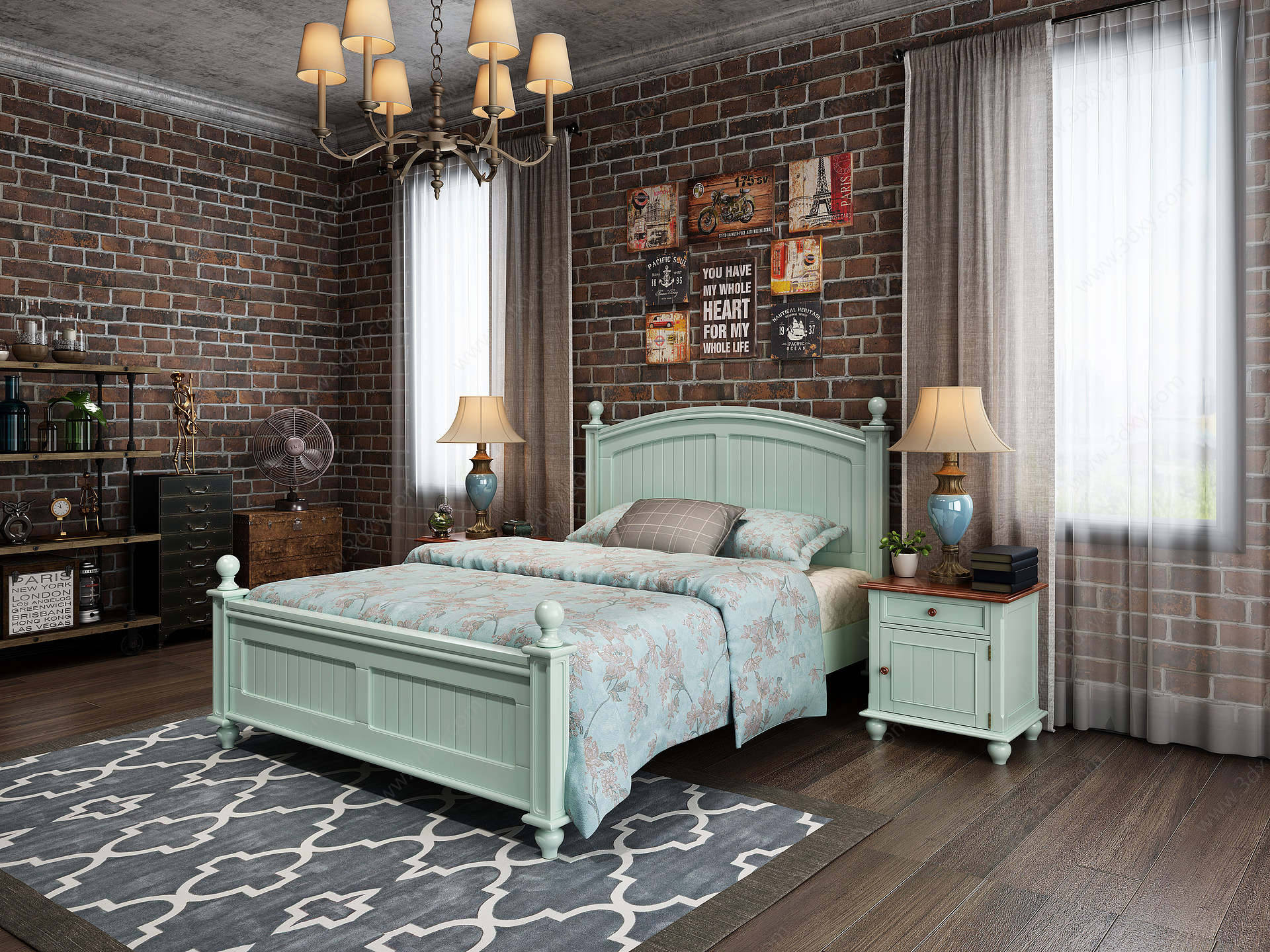 美式卧室双人床床头柜3D模型