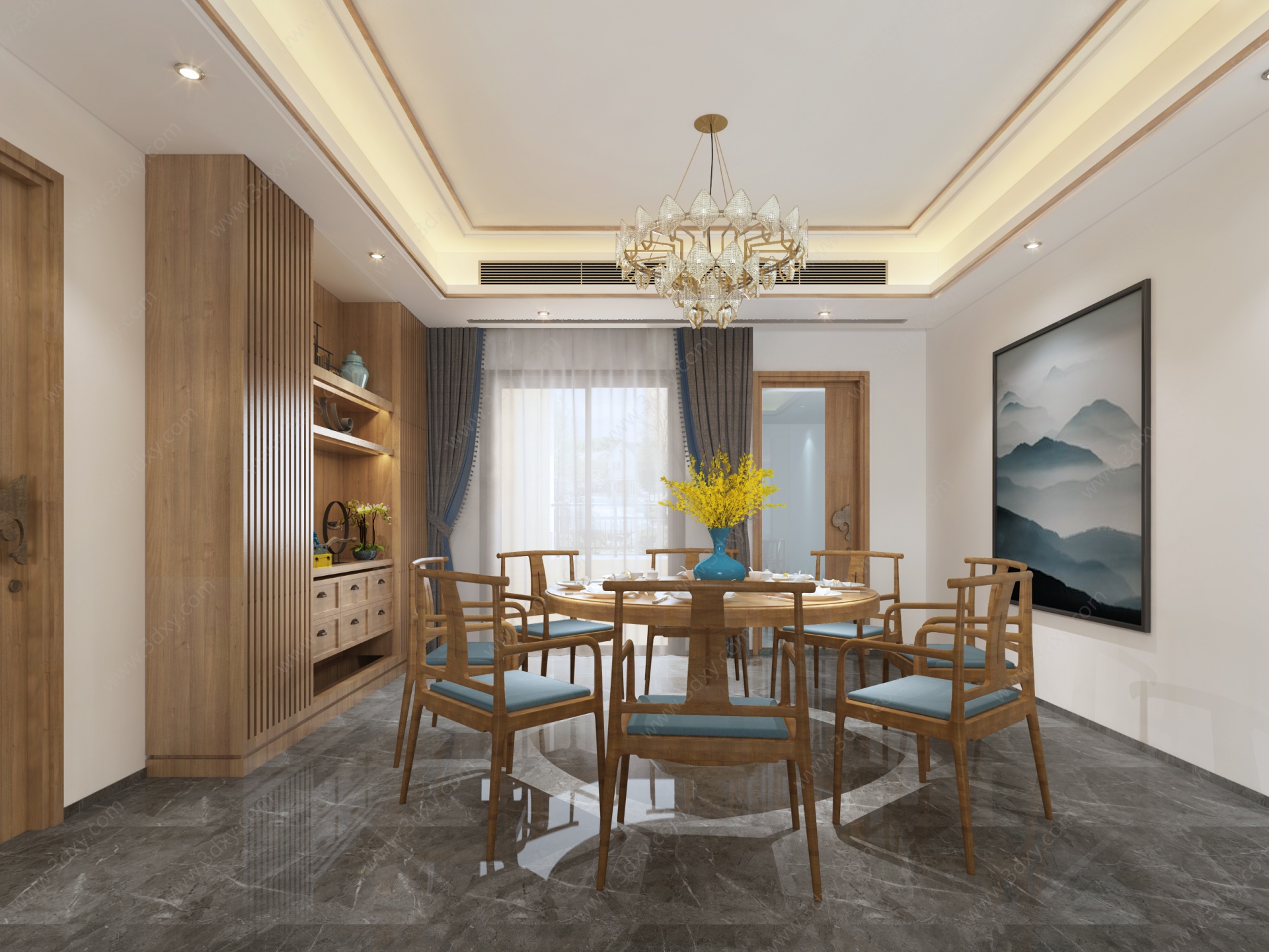 新中式客厅餐厅入户玄关3D模型