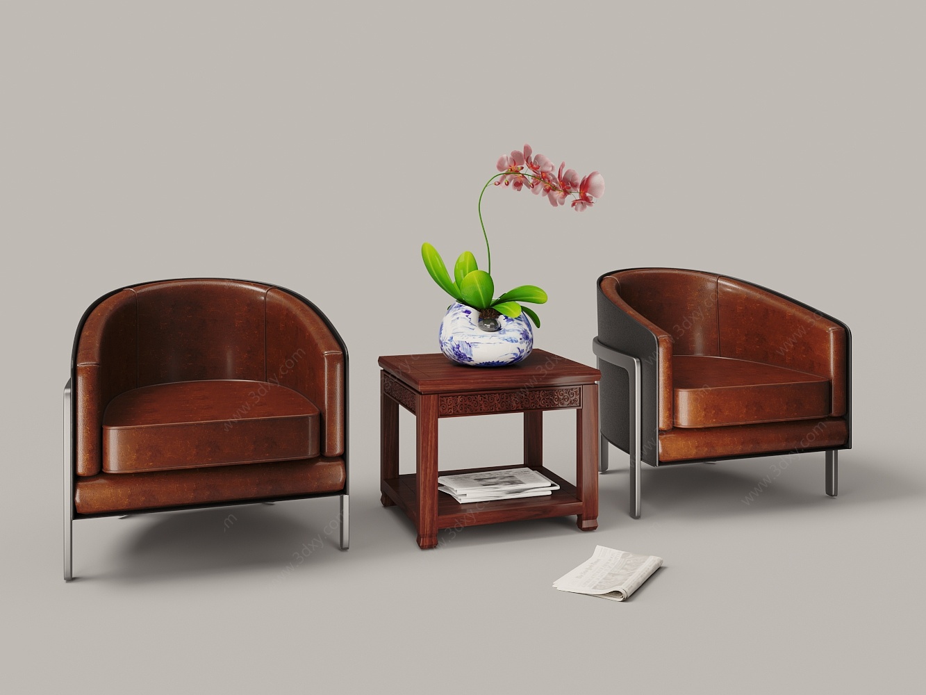 新中式棕色皮革单人沙发3D模型