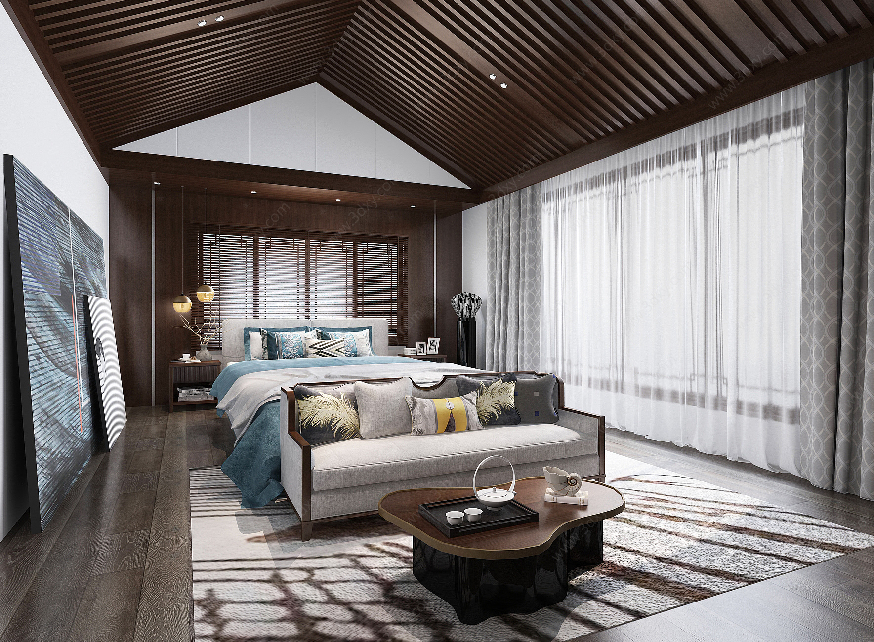 新中式卧室挂画双人床3D模型
