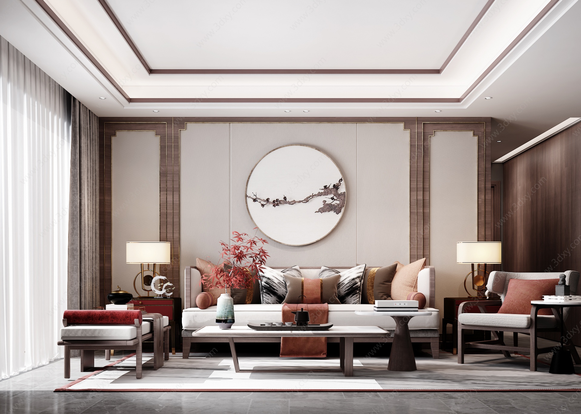 新中式客厅组合沙发茶几3D模型