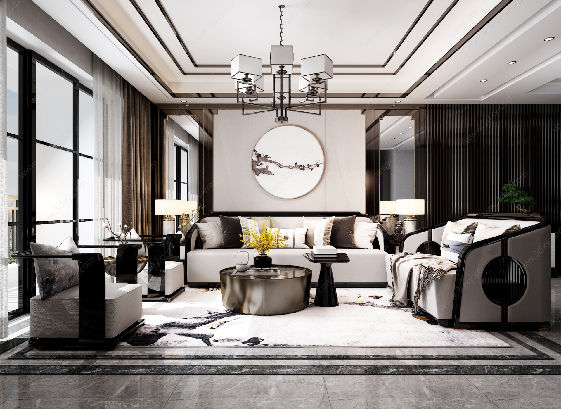 新中式客厅组合沙发茶几3D模型