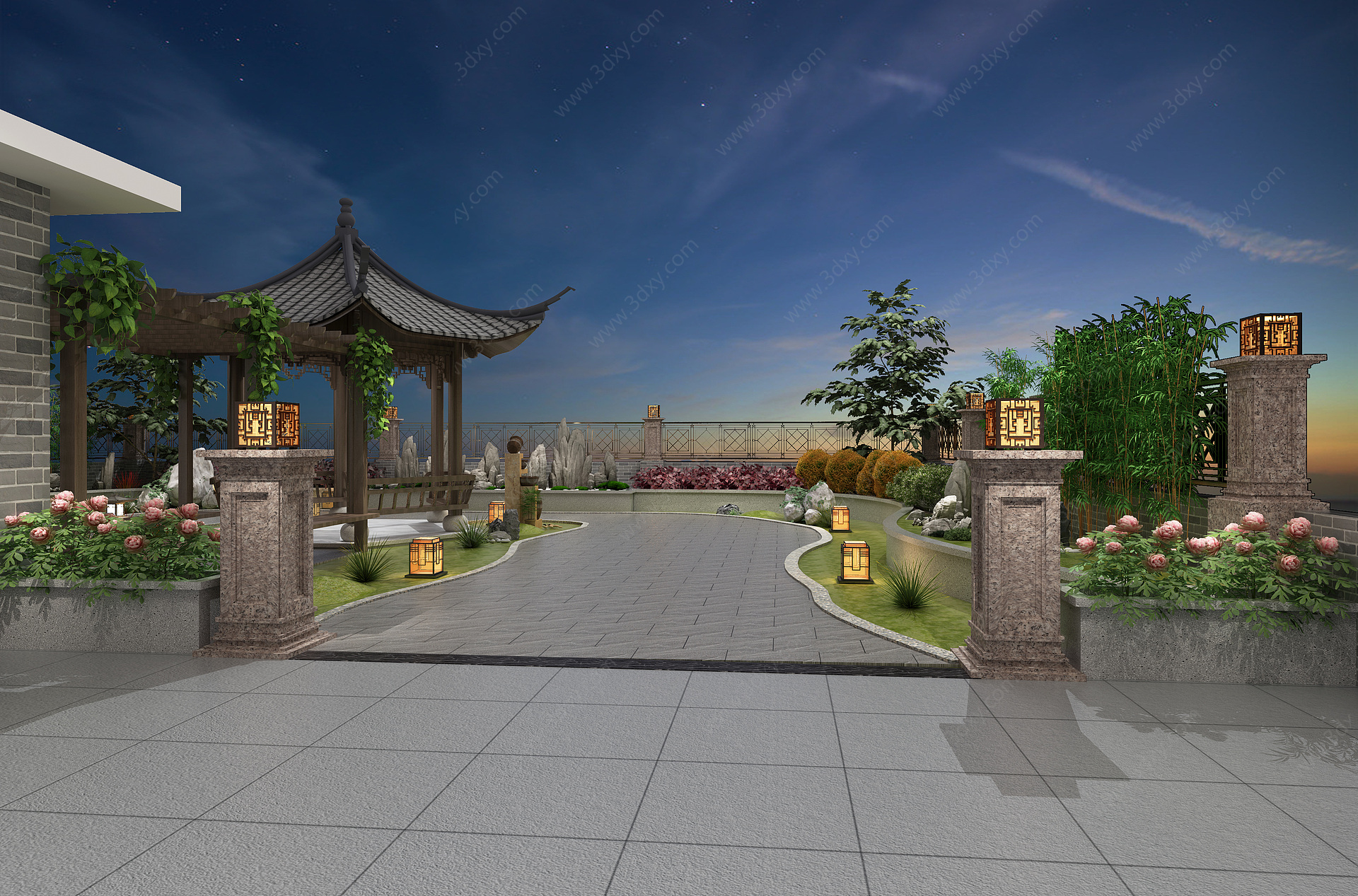 新中式花园阳台屋顶花园3D模型
