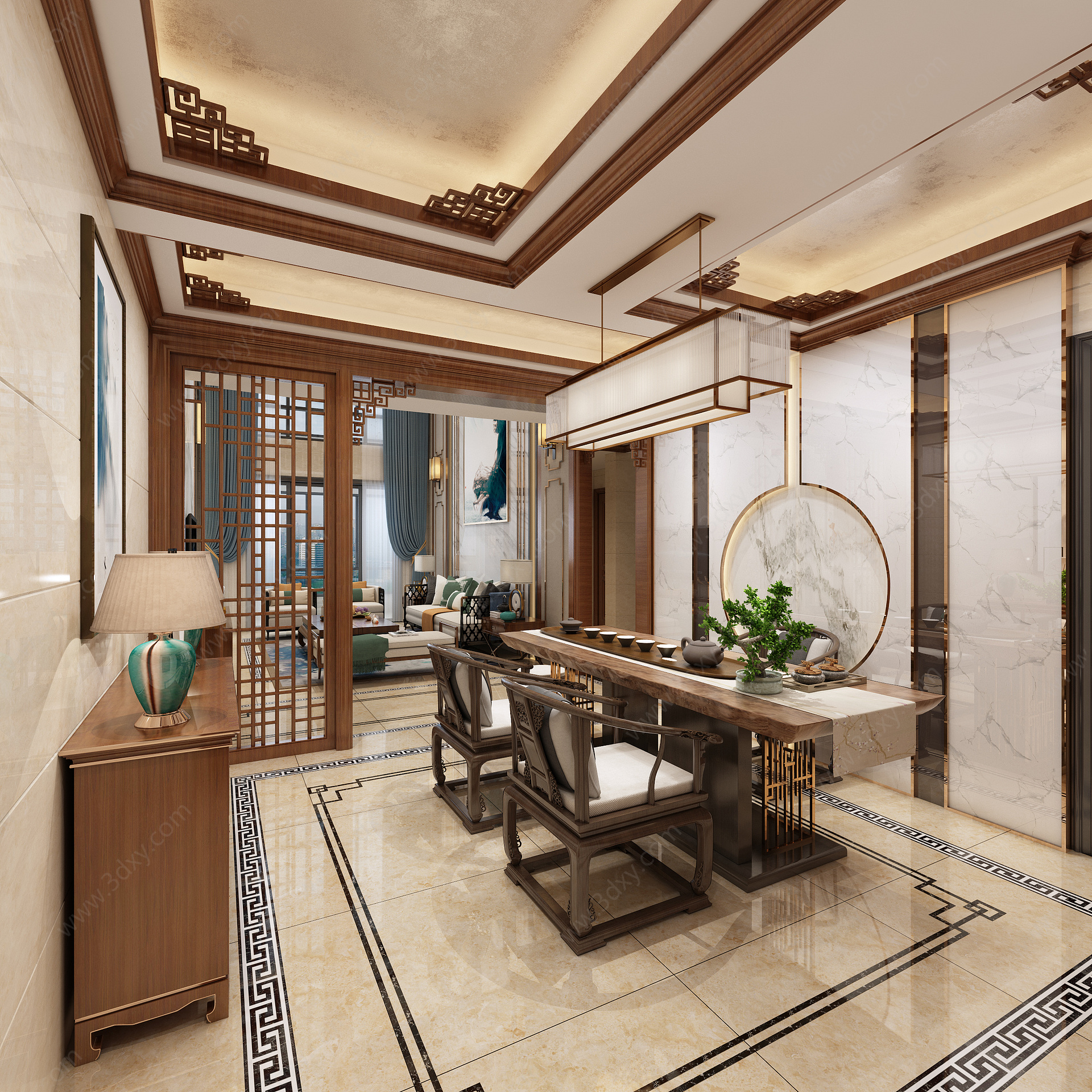 新中式风格客厅茶室3D模型