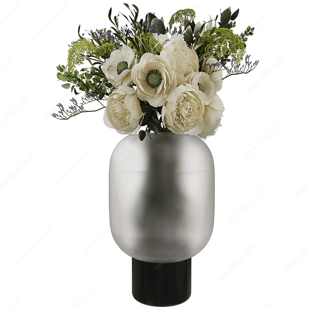 休闲玻璃花瓶鲜花3D模型