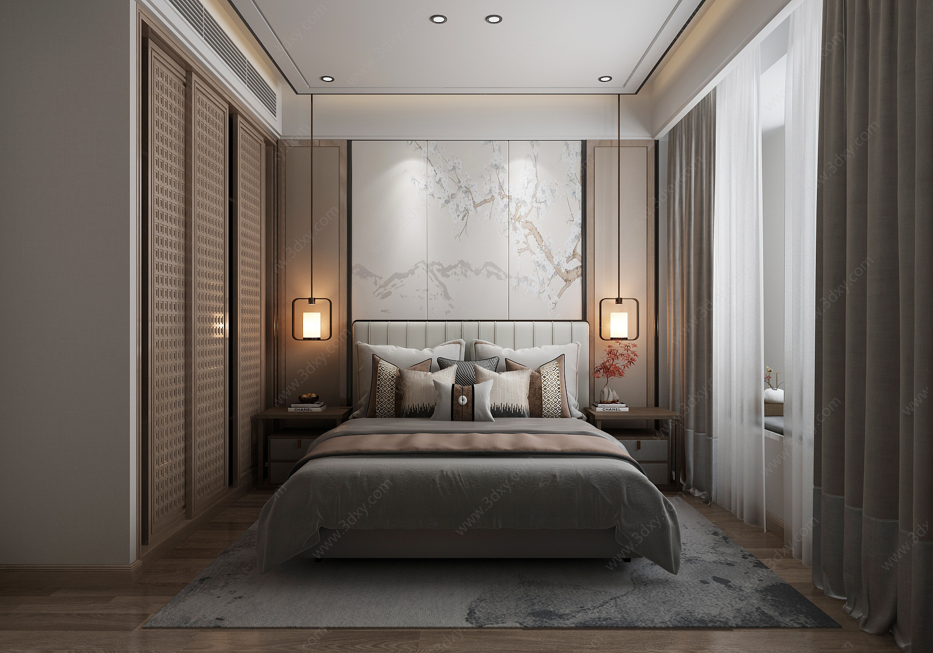 新中式风格卧室吊灯双人床3D模型