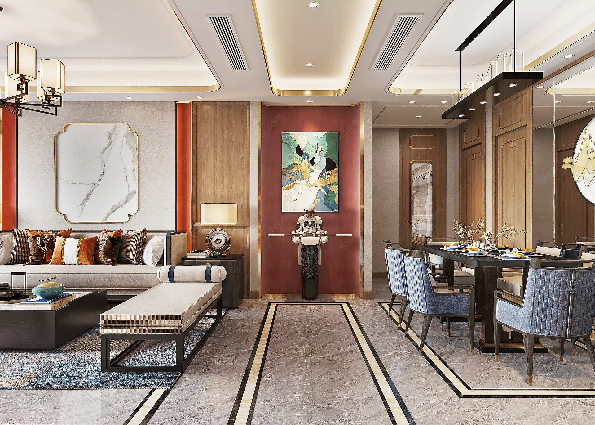 新中式风格客厅餐厅3D模型