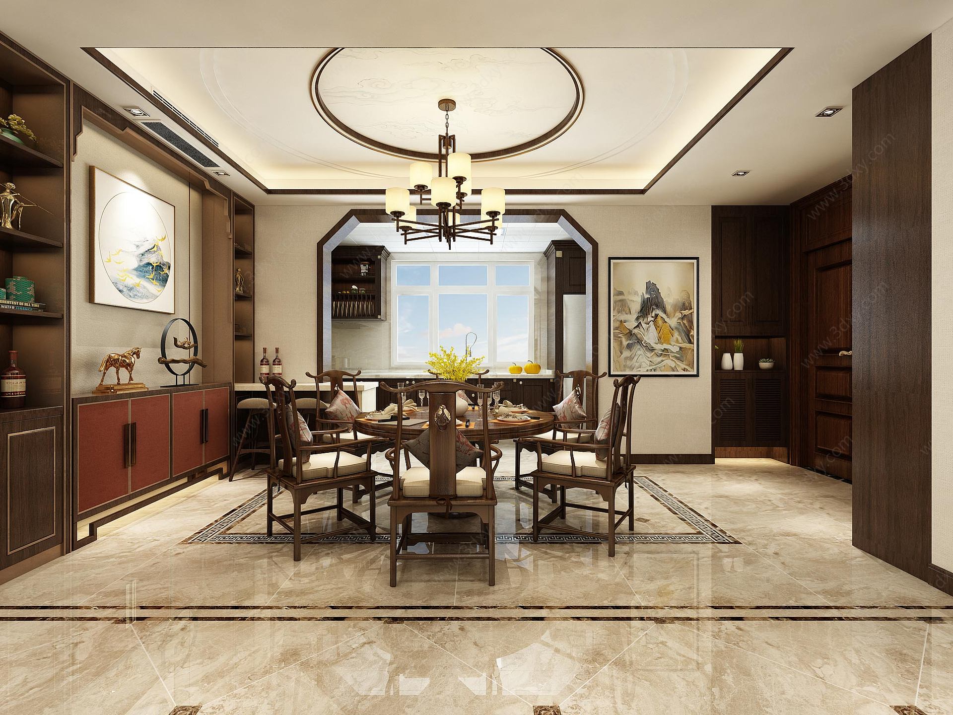 新中式风格客厅餐厅3D模型