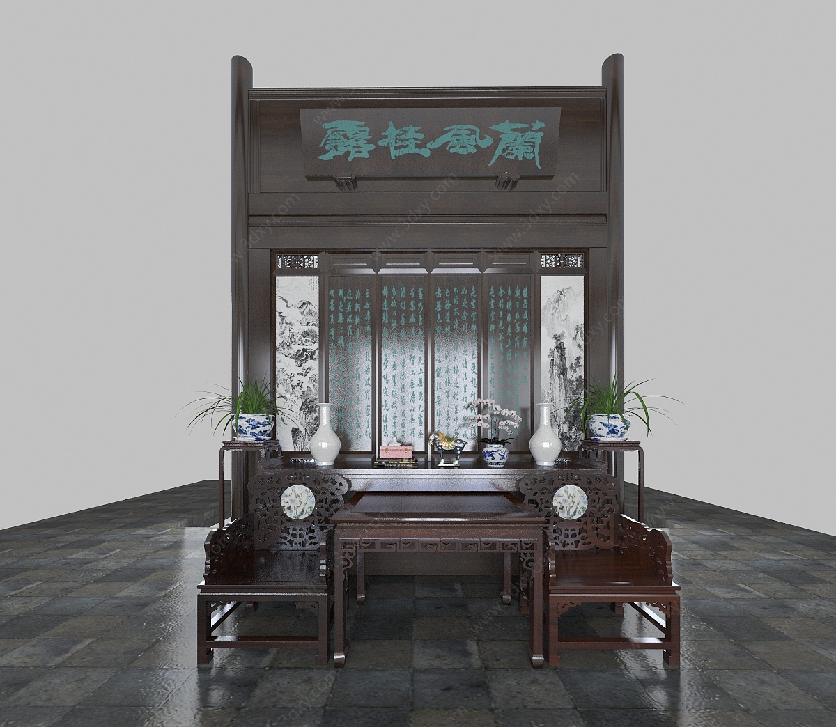 中式风格桌椅组合条案3D模型