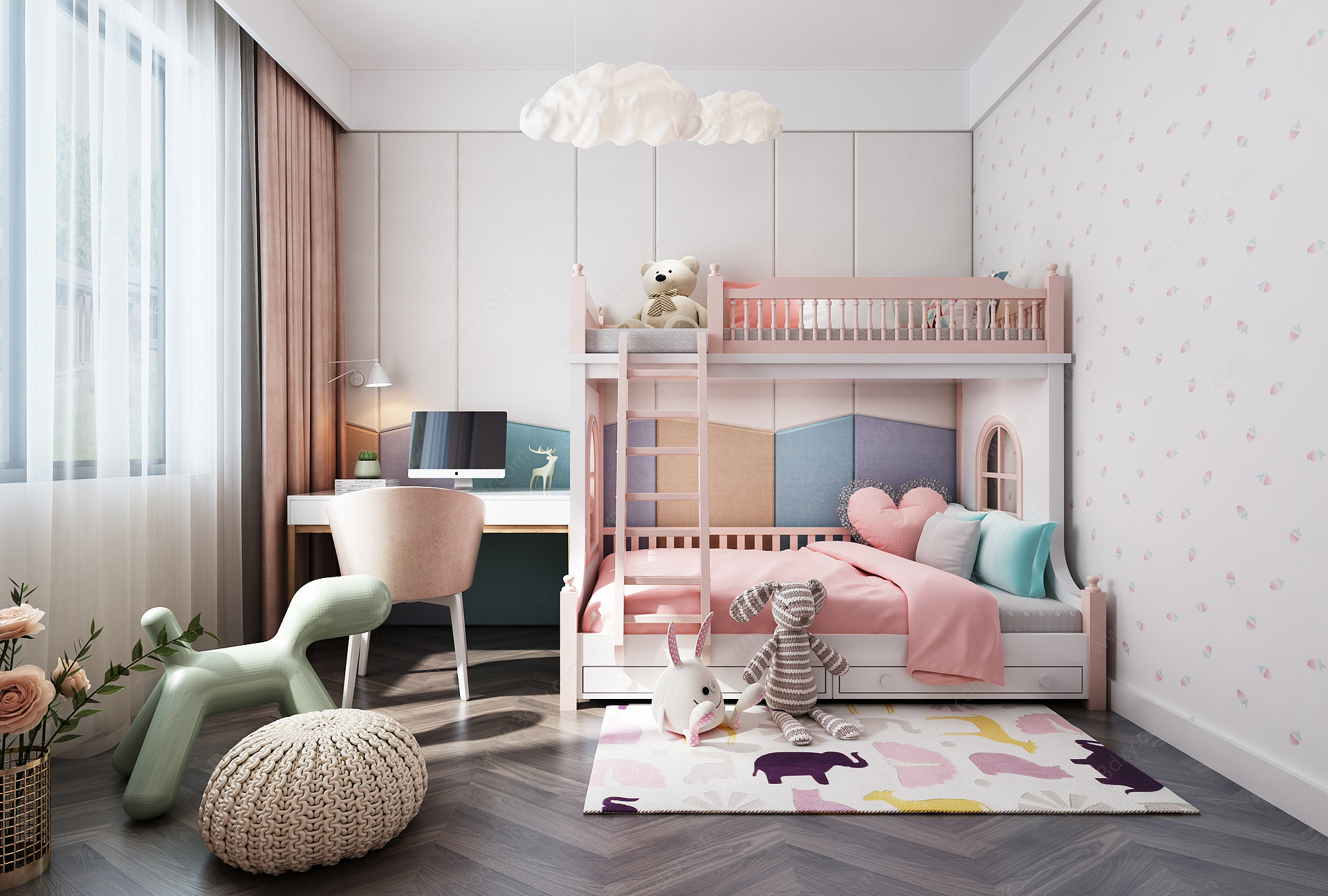 现代儿童房高低床3D模型