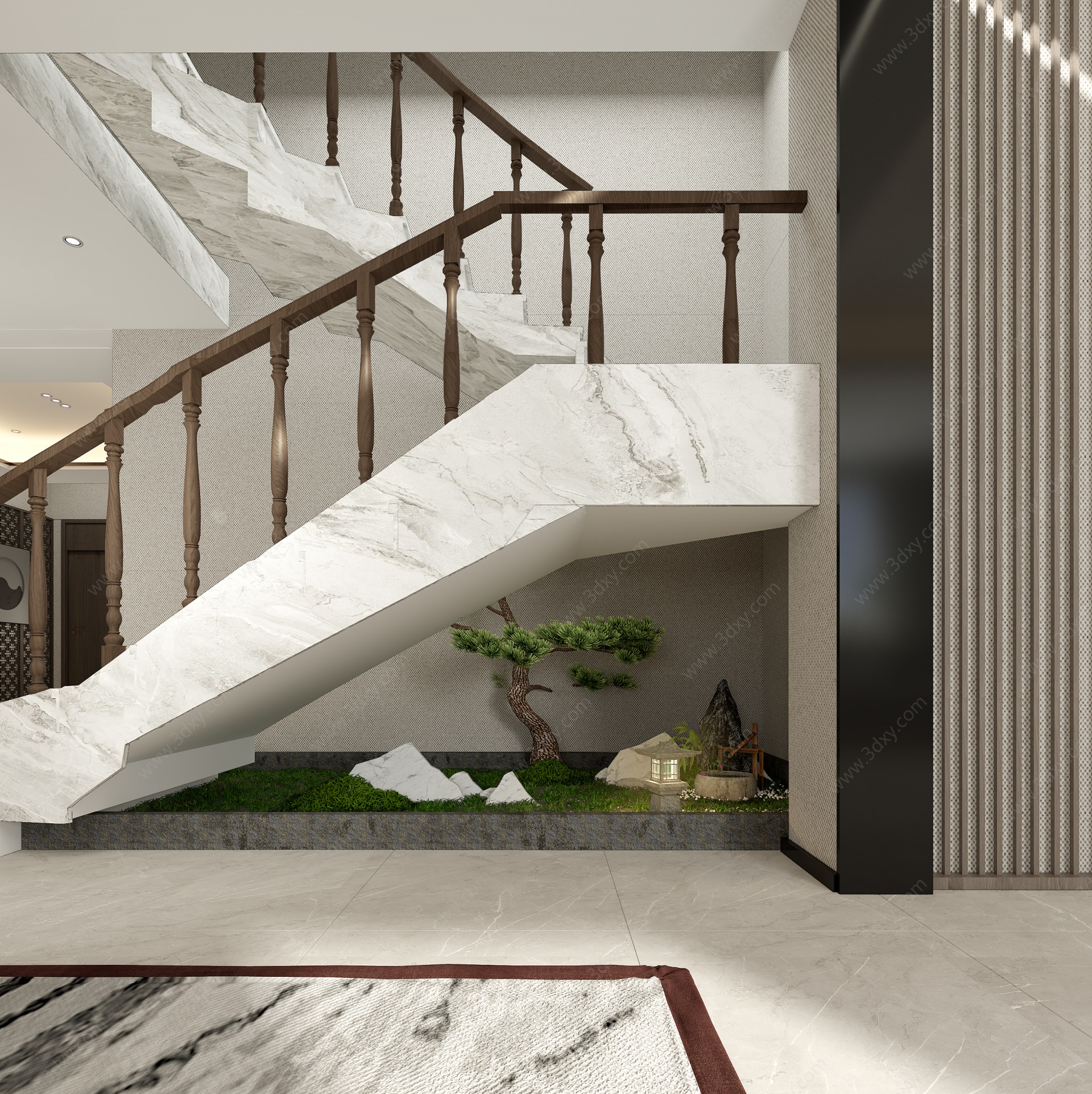 新中式楼梯间植物造景3D模型