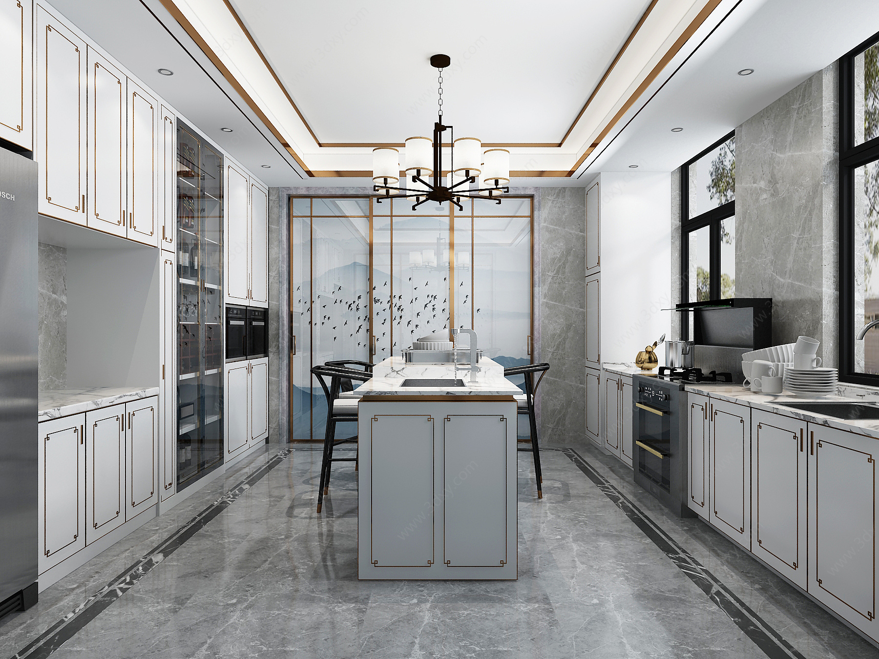 新中式厨房橱柜冰箱3D模型