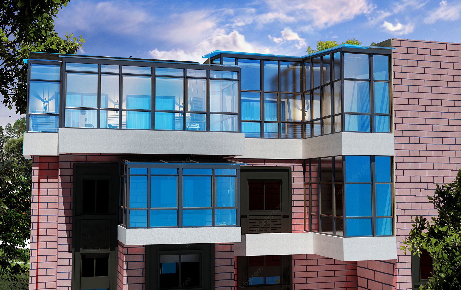 别墅外景阳光房玻璃3D模型