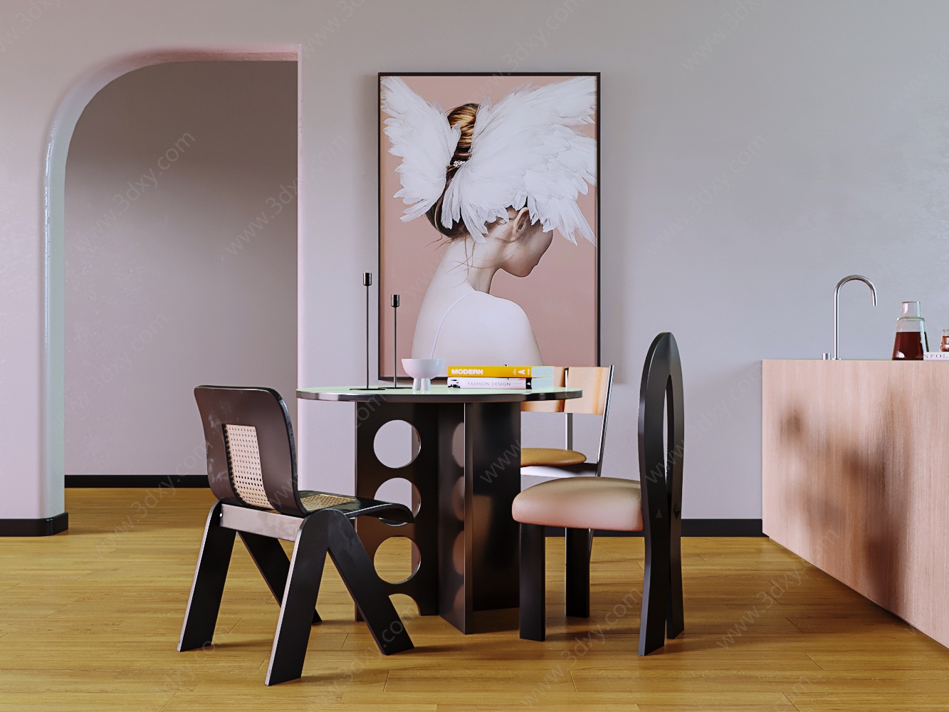 诧寂风黑白撞色木质圆桌椅3D模型