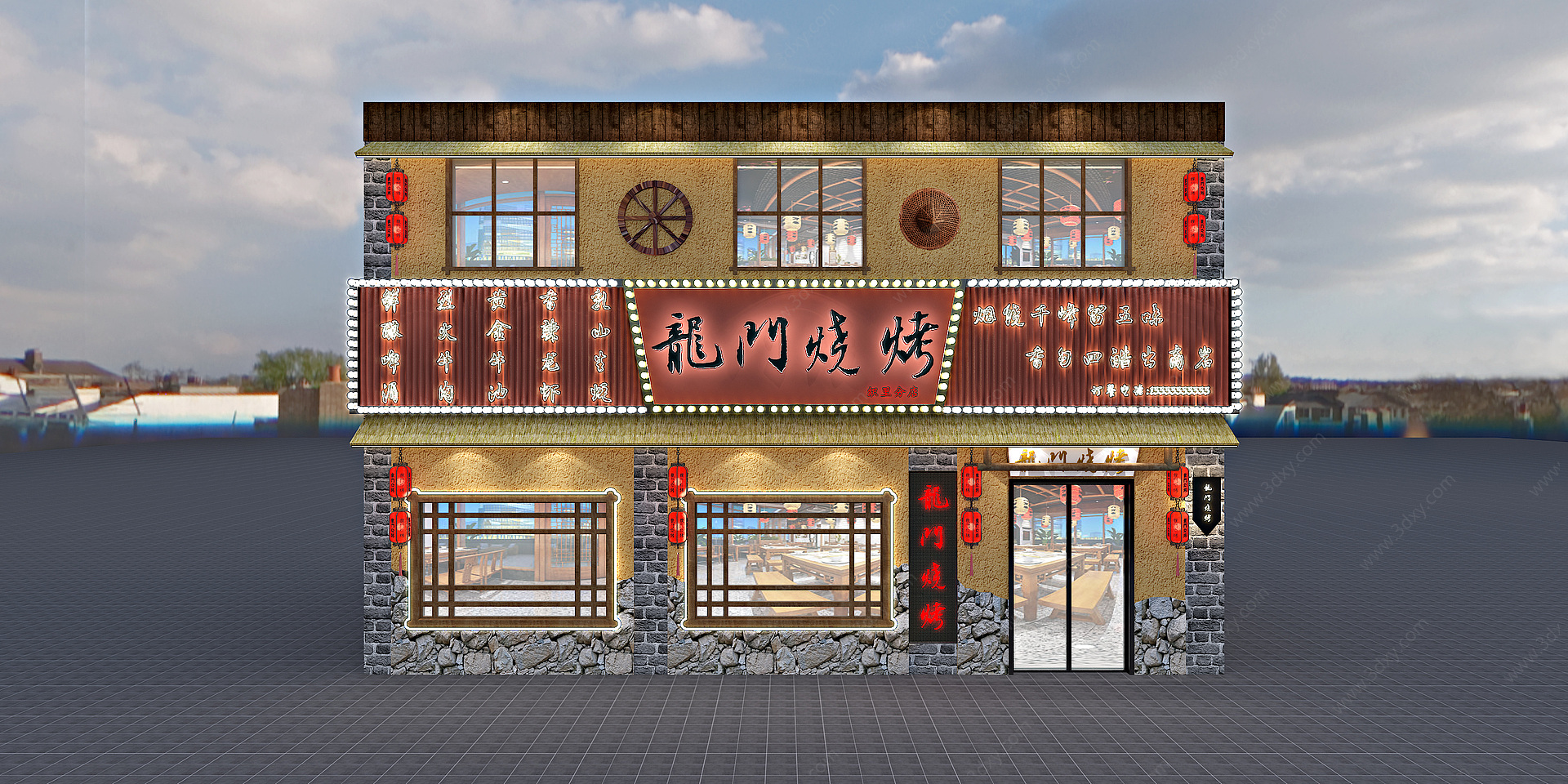 中式烧烤店门头3D模型