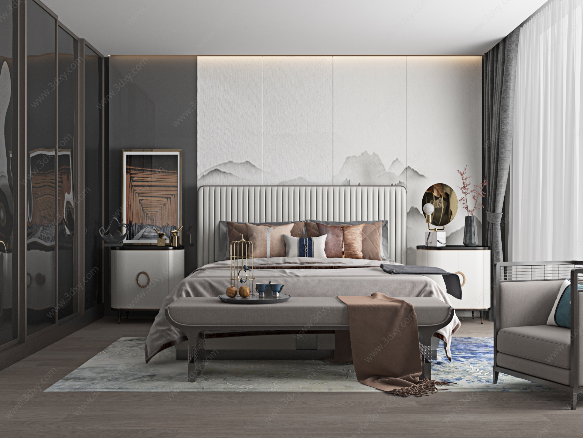 新中式卧室床头背景3D模型