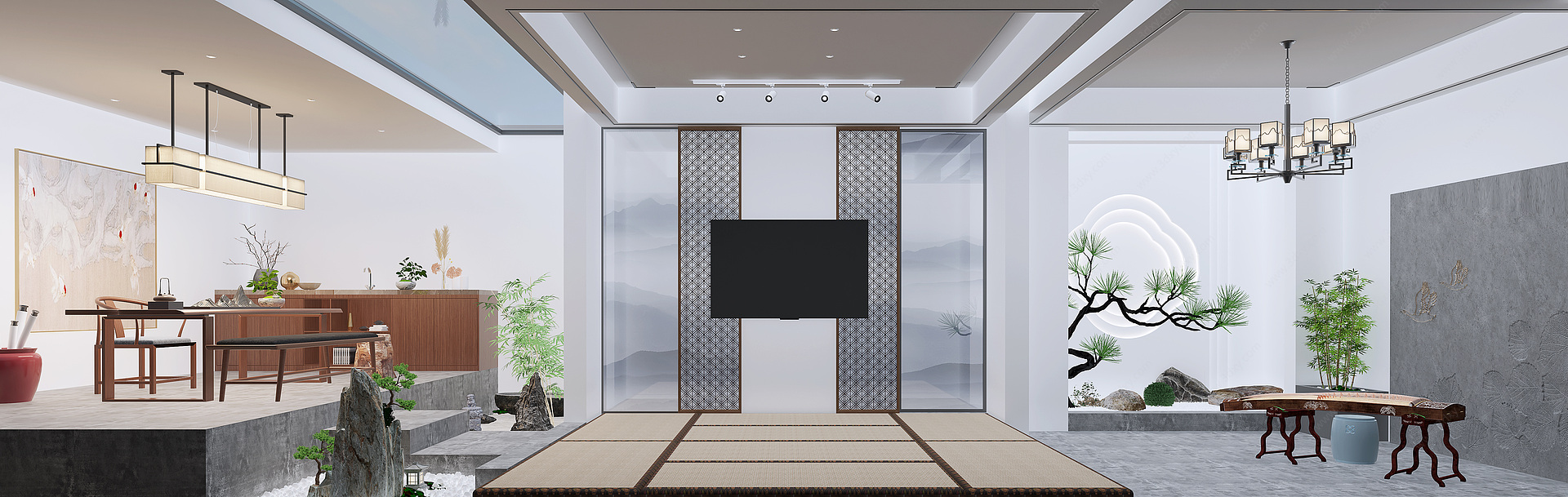 新中式茶室吊灯古筝3D模型