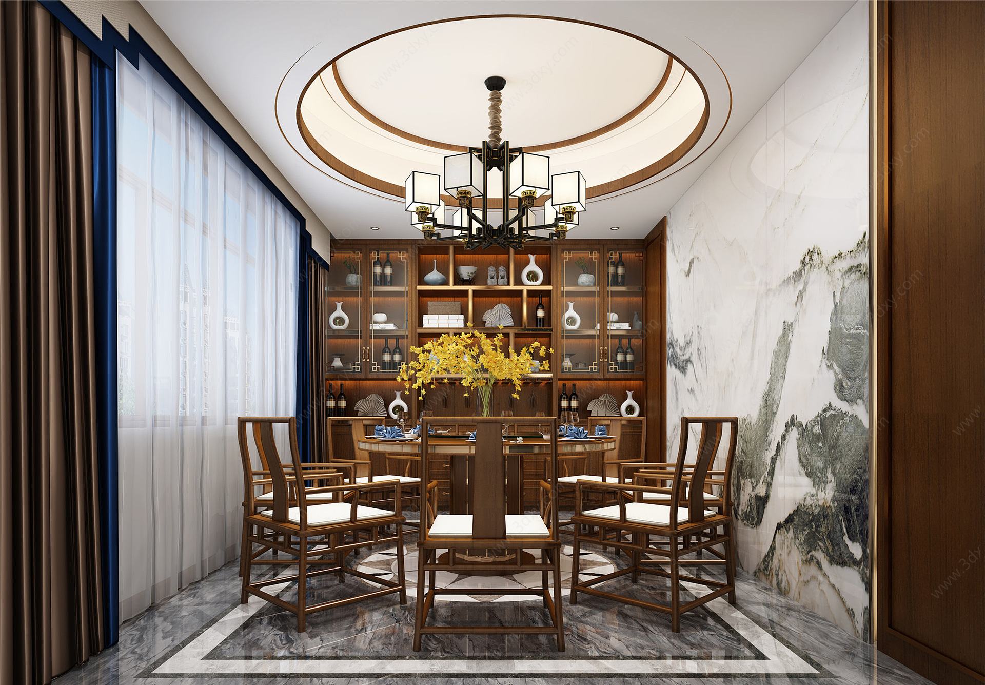新中式客餐厅圆桌沙发3D模型