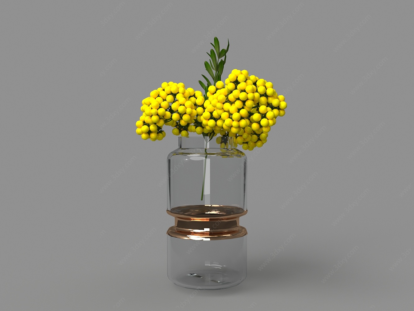 玻璃金属花瓶黄色花球3D模型