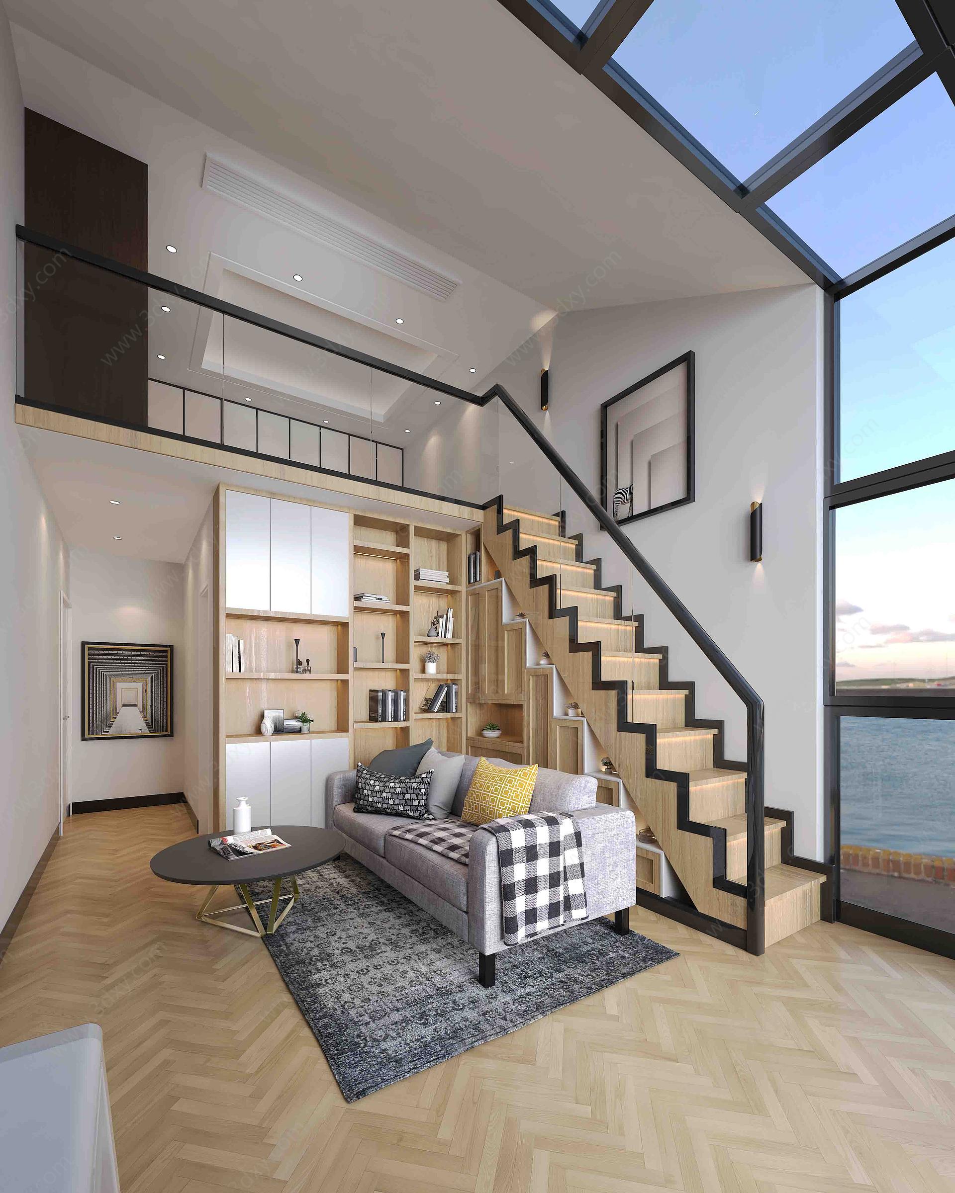 现代LOFT别墅客厅卧室3D模型