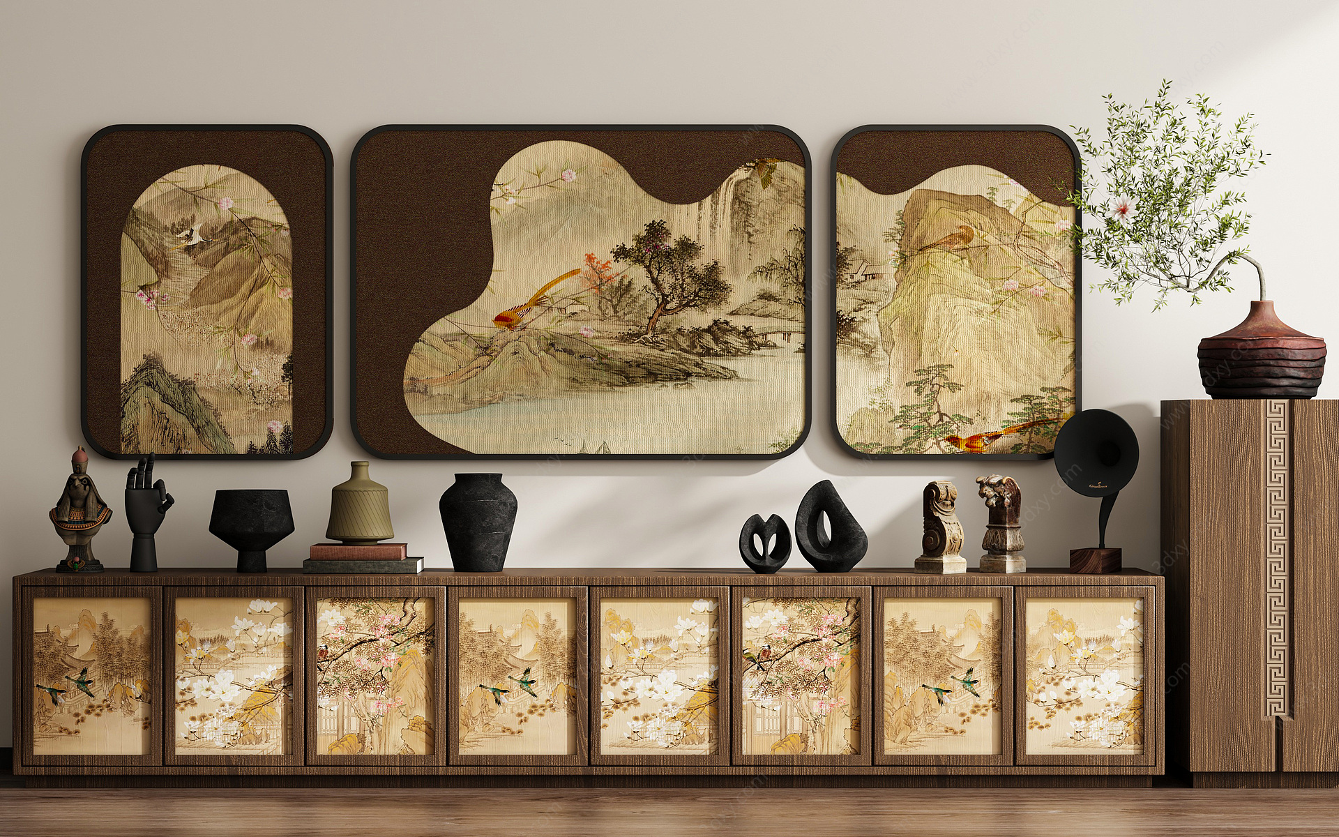 新中式中古风装饰画边柜3D模型