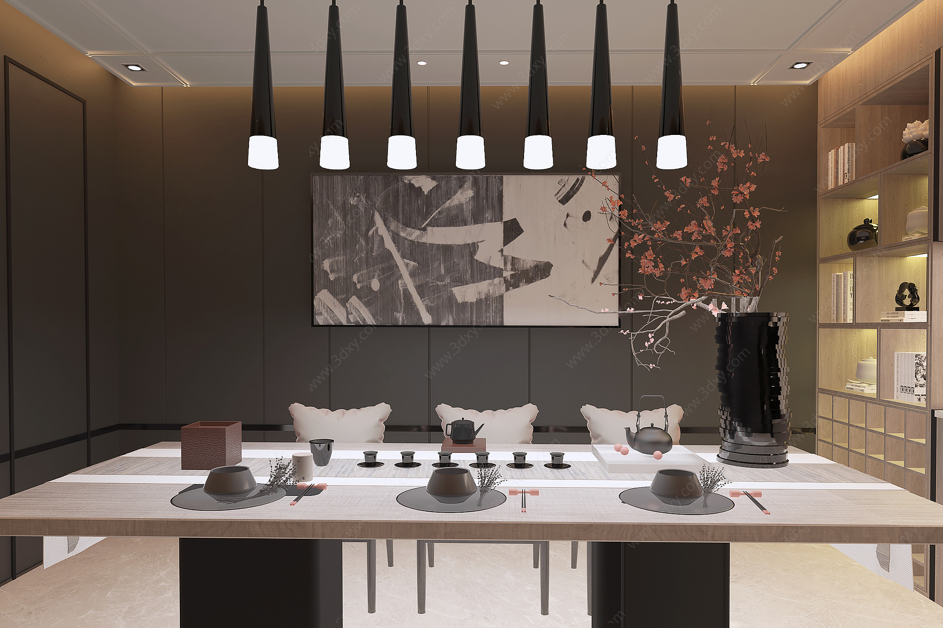 新中式茶室吊灯装饰画3D模型