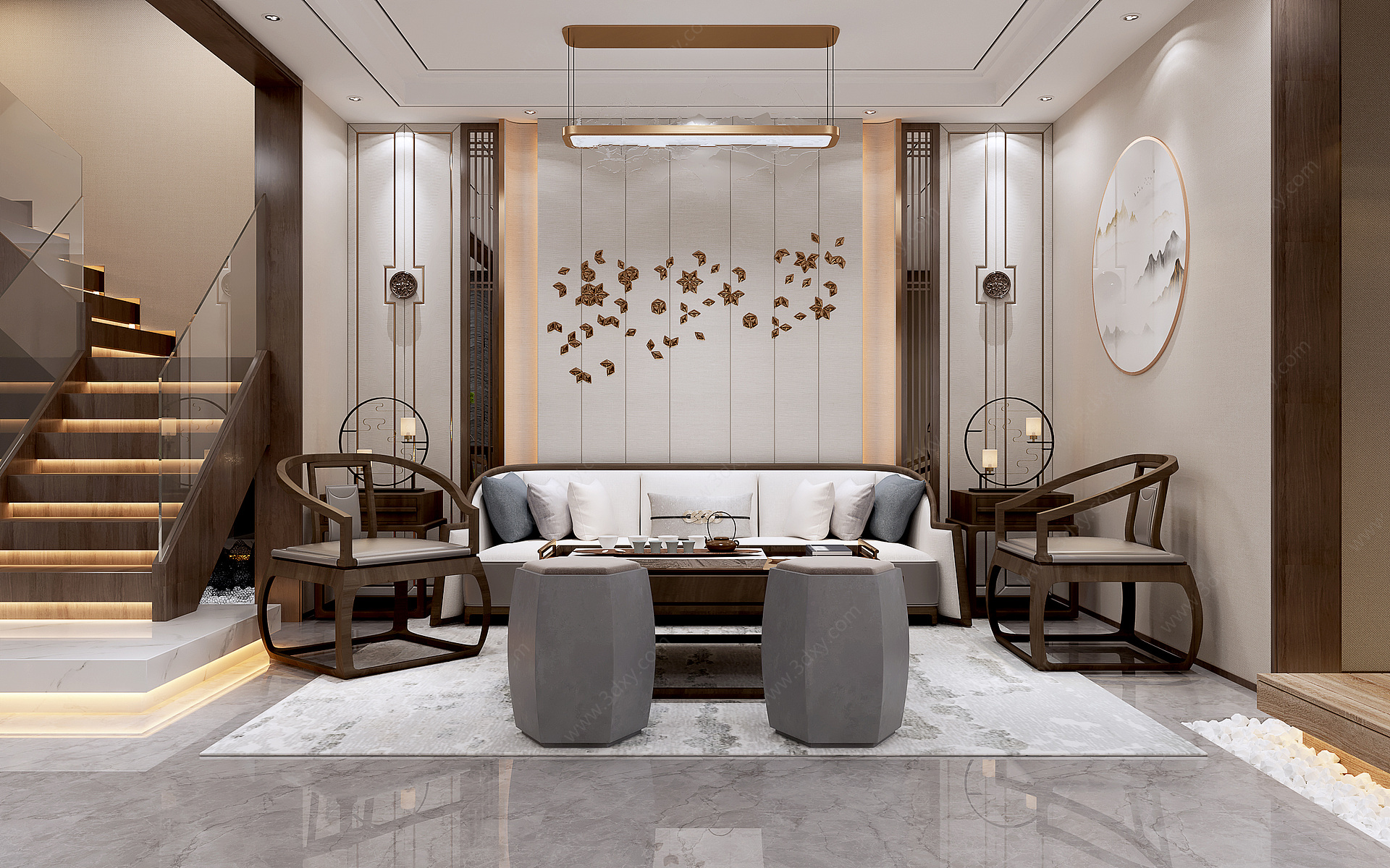 新中式客厅吊灯装饰画3D模型