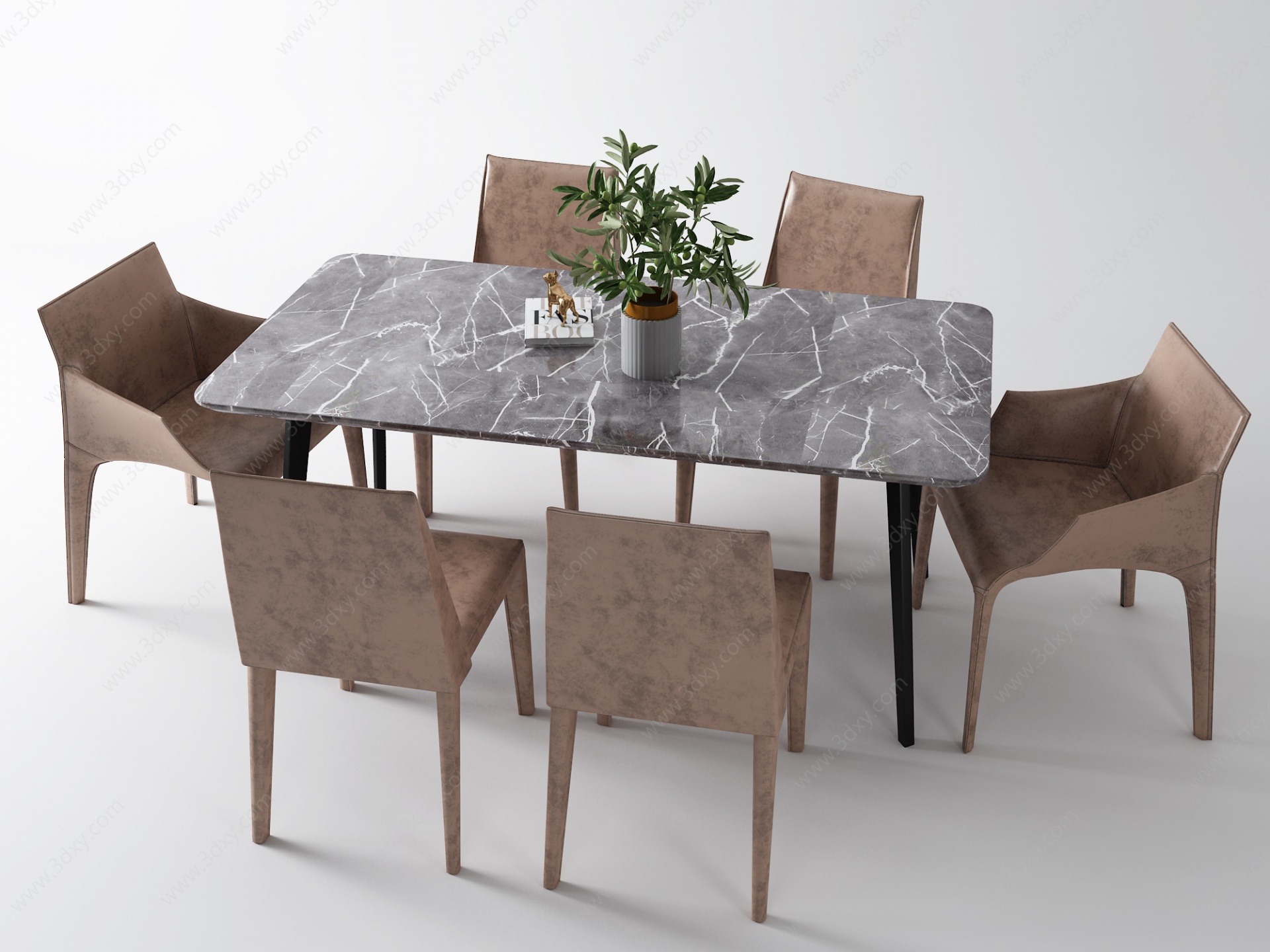 岩板餐桌皮革椅3D模型