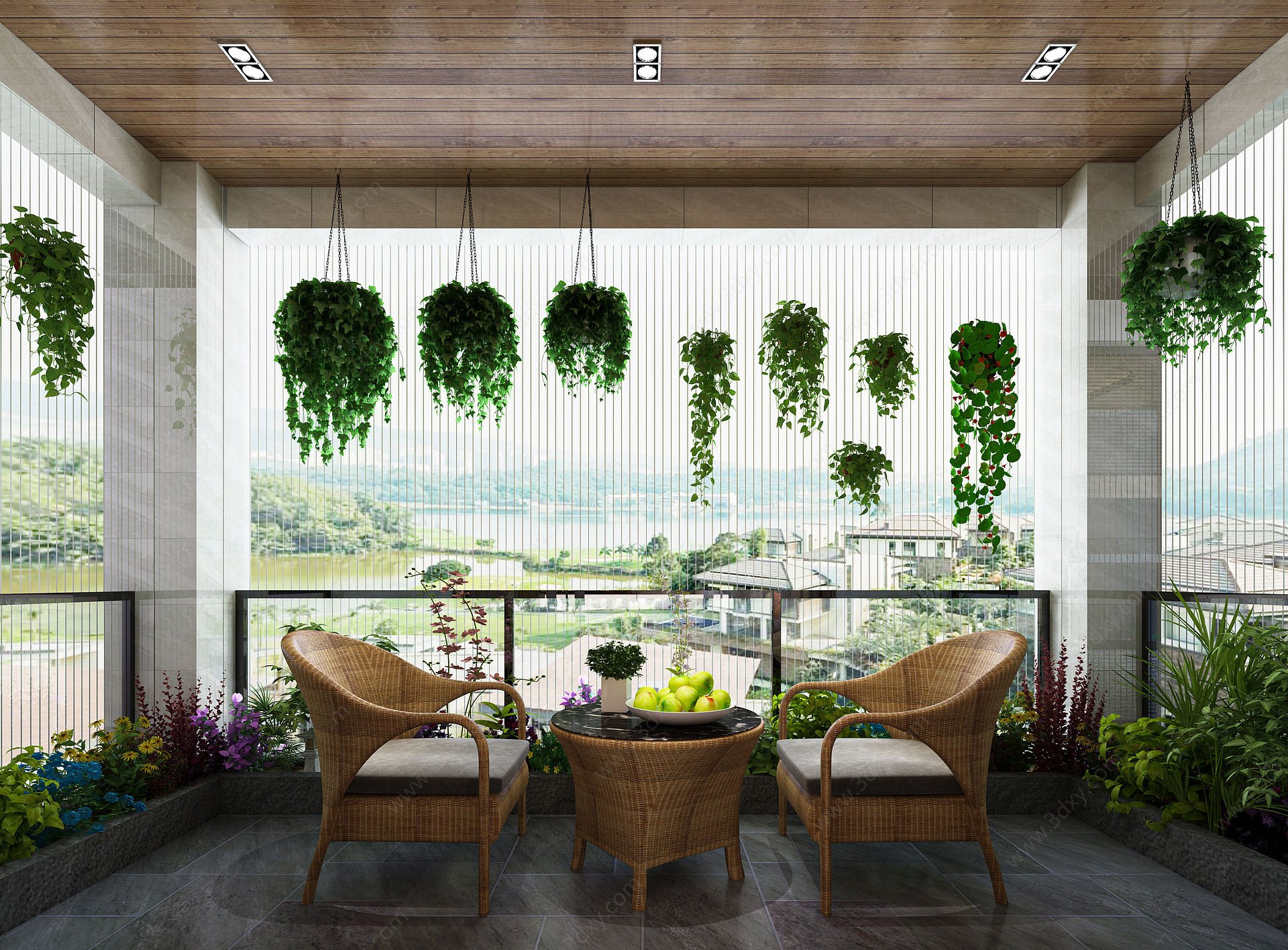新中式阳台花园阳台藤椅3D模型